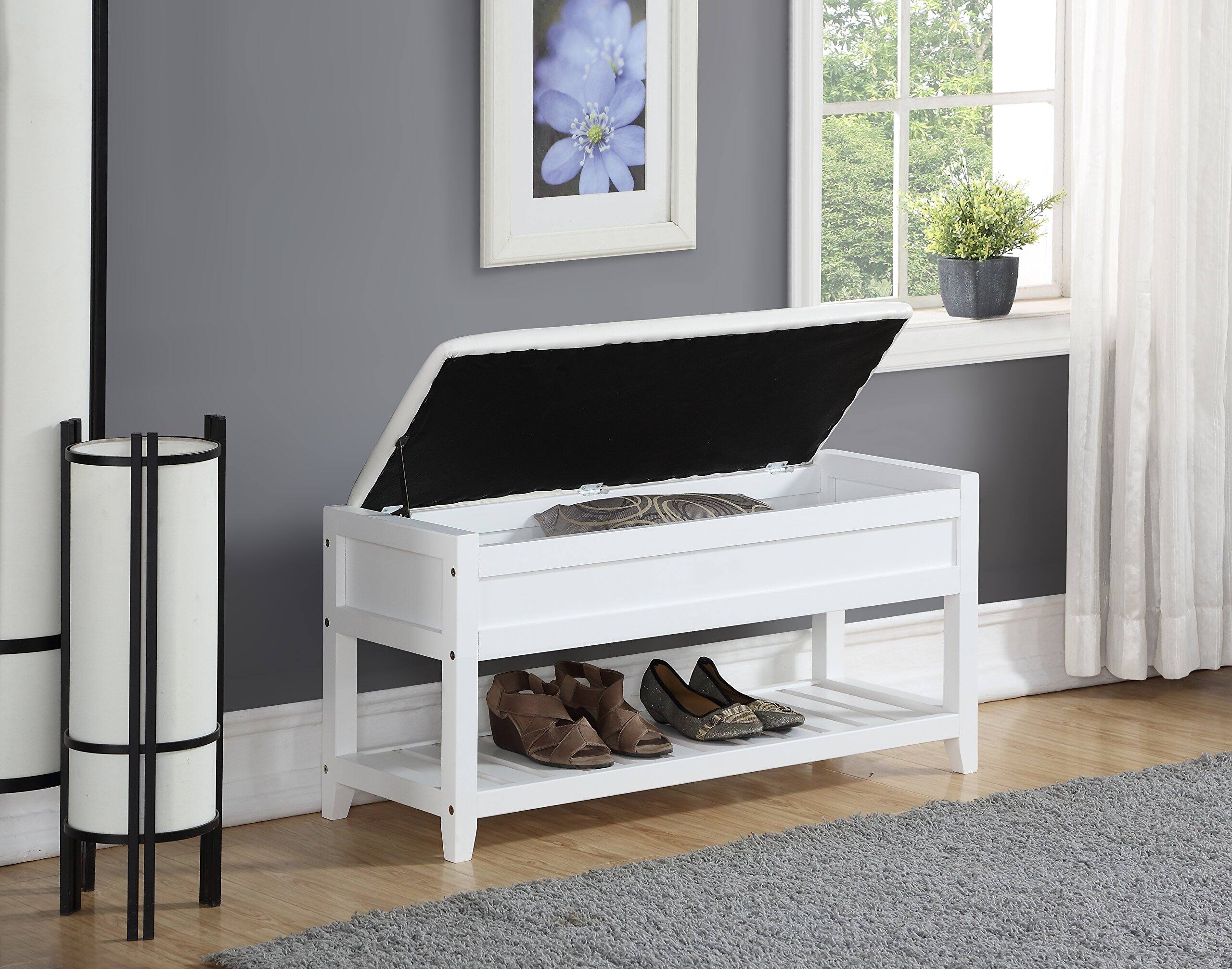 Back. JETRANSPORT - Clean White Seating Bench With Shoe Storage - White Faux Leather.