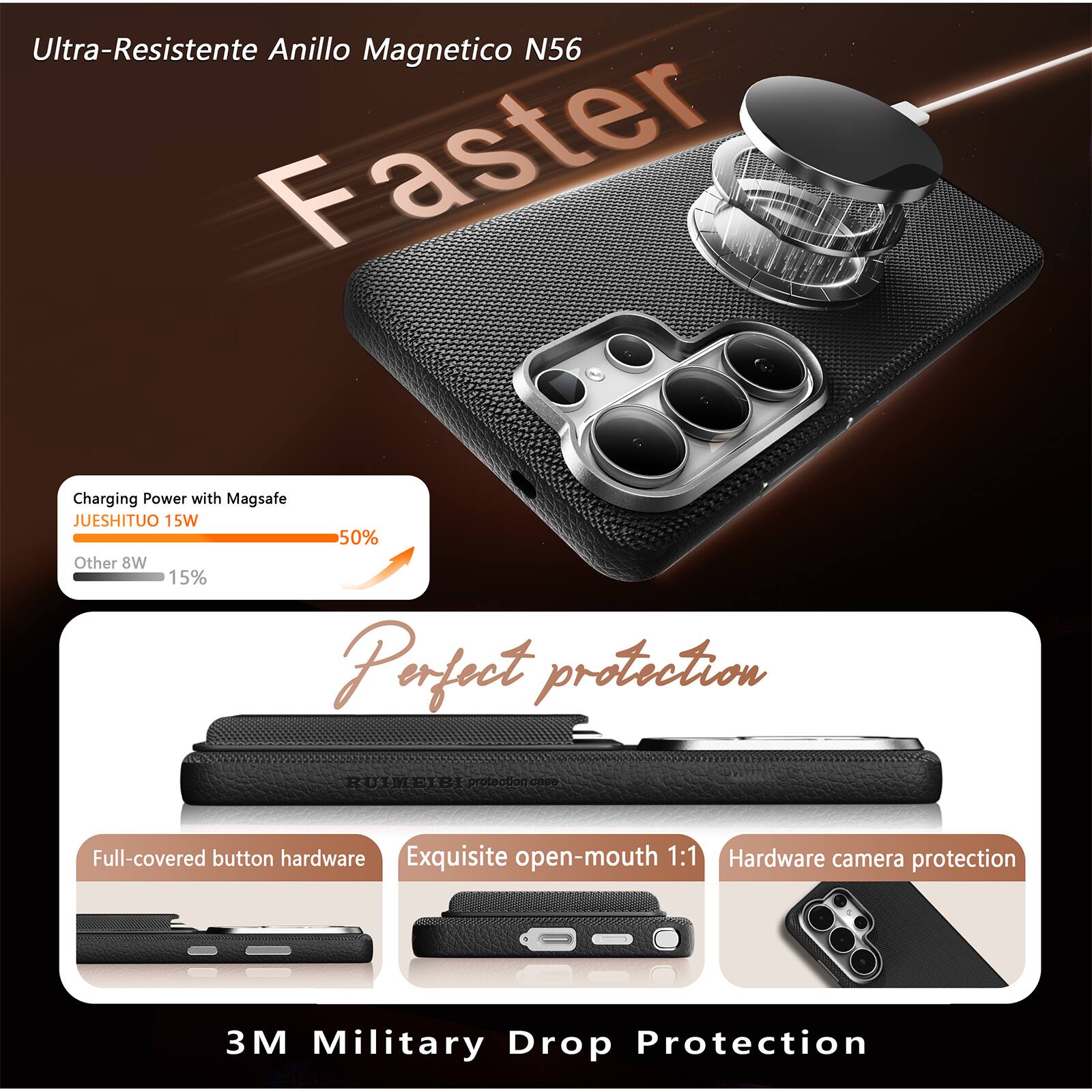 Ultra-Resistente Anillo Magnético N56

Faster Charging Power with Magsafe  
JUESHITUO 15W 50%  
Other 8W 15%

Perfect protection

Full-covered button hardware  
Exquisite open-mouth 1:1  
Hardware camera protection

3M Military Drop Protection