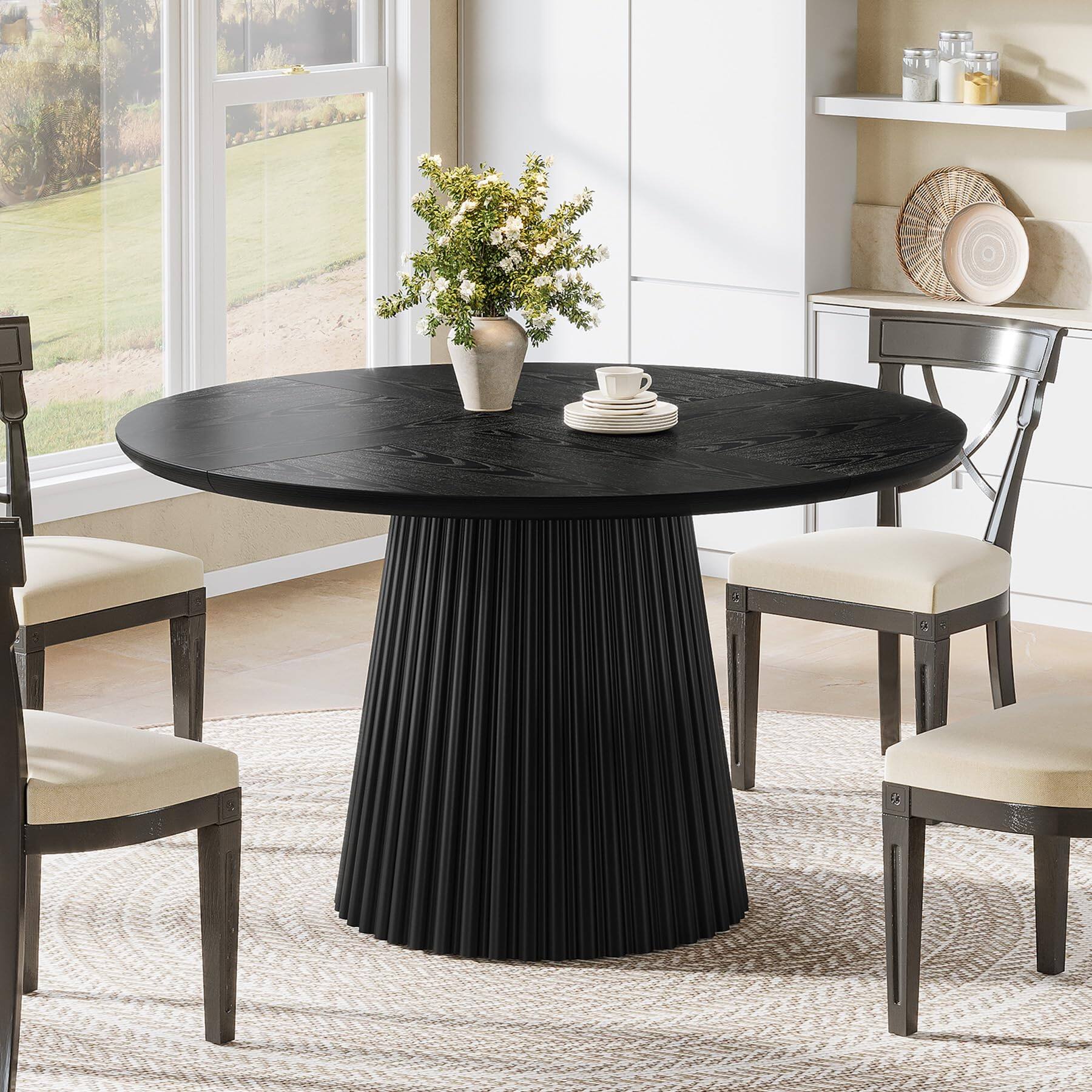 Alt View 1. Tribesigns - 47" Round Dining Table for 4-6 People, Wood Farmhouse Kitchen Table with Fluted Pedestal Base for Dining Room, Kitchen, - Black.