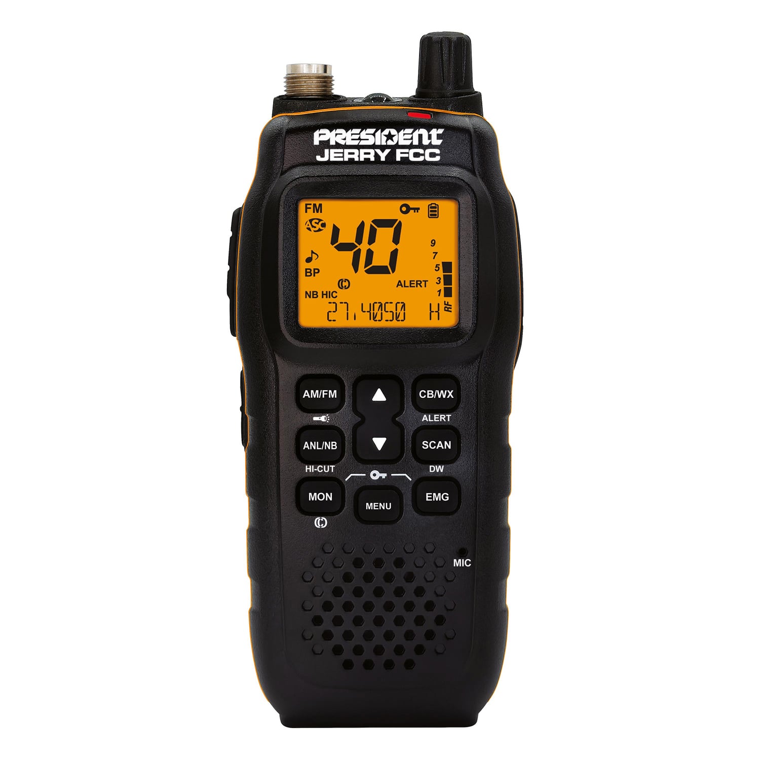 PRESIDENT - Jerry FCC Handheld Ultra-Compact CB Radio, 40 Channels, AM/FM/PA, Weather Alert, Emergency Channel, Scan, Antenna - Black