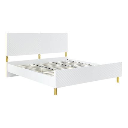 Front. Manhattan Lane - Tyra Modern Wood King Bed, Panel Headboard, Textured Chevron, White, Gold - White, Gold.