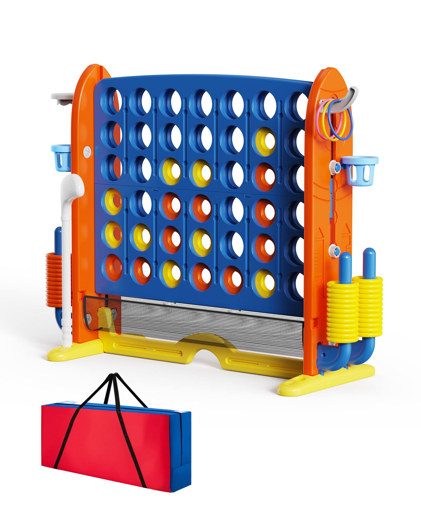 Angle. Sugift - Giant 4-in-A Row Game Set for Kids and Adults with Basketball Hoop and Carrying Bag - Blue.