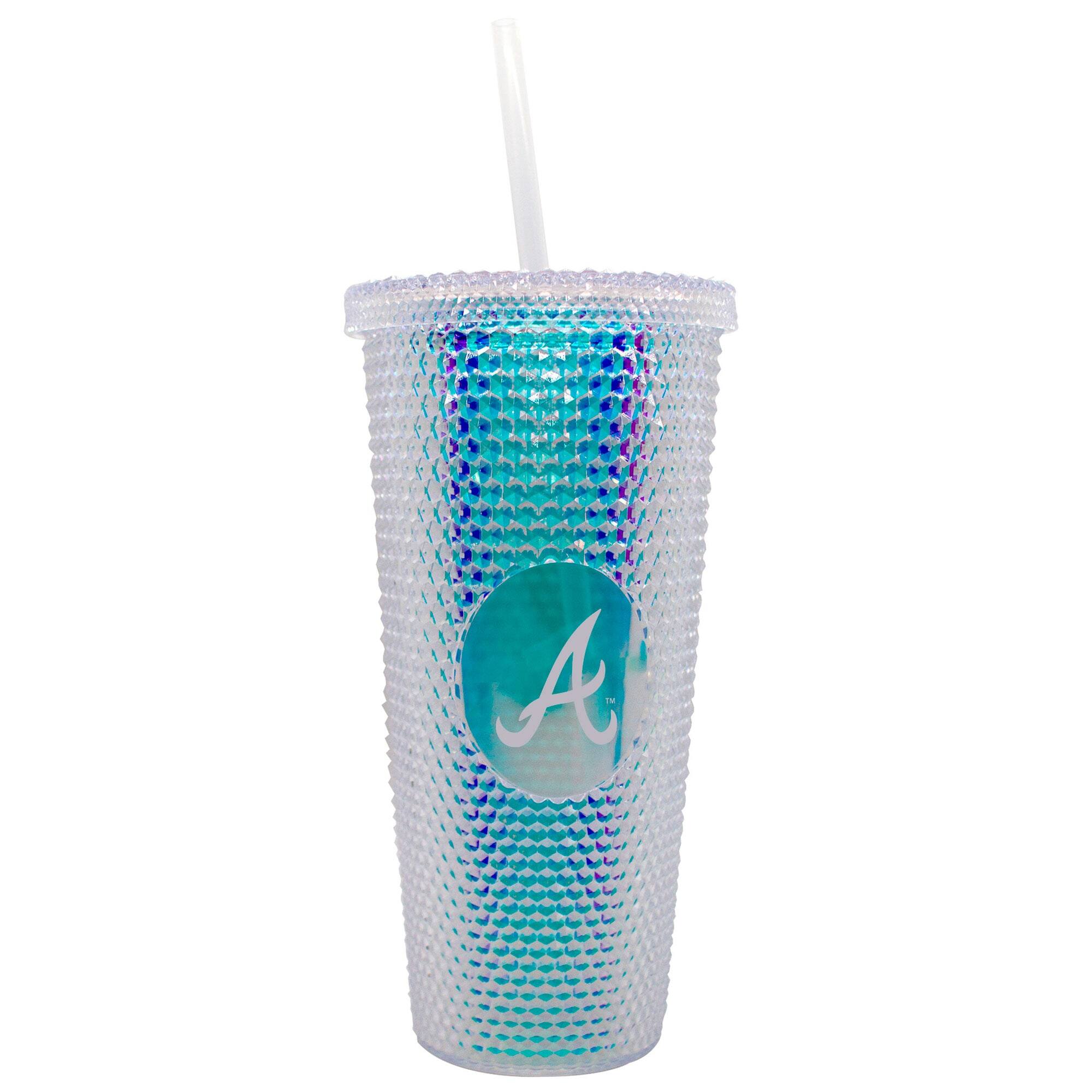 Front. Logo Brands - Atlanta Braves 24oz. Iridescent Studded Travel Tumbler with Straw - Multicolor.