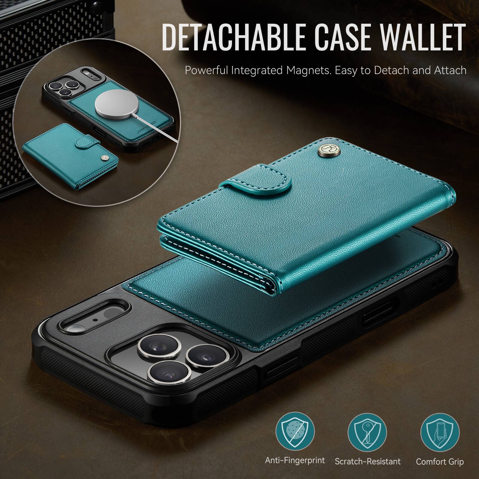 DETACHABLE CASE WALLET  
Powerful Integrated Magnets. Easy to Detach and Attach  
Anti-Fingerprint Scratch-Resistant Comfort Grip