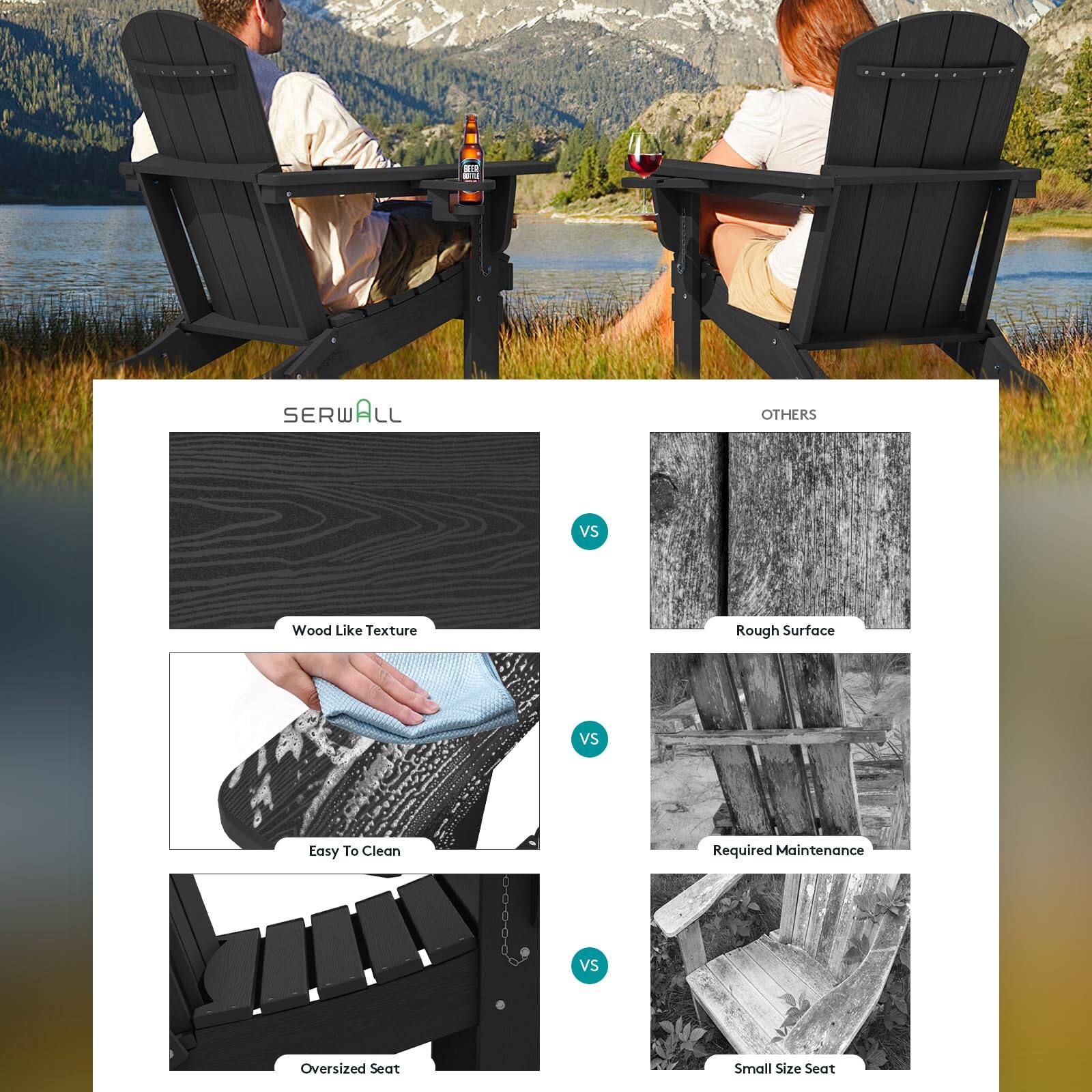 SERWALL vs OTHERS

Wood Like Texture vs Rough Surface  
Easy To Clean vs Required Maintenance  
Oversized Seat vs Small Size Seat