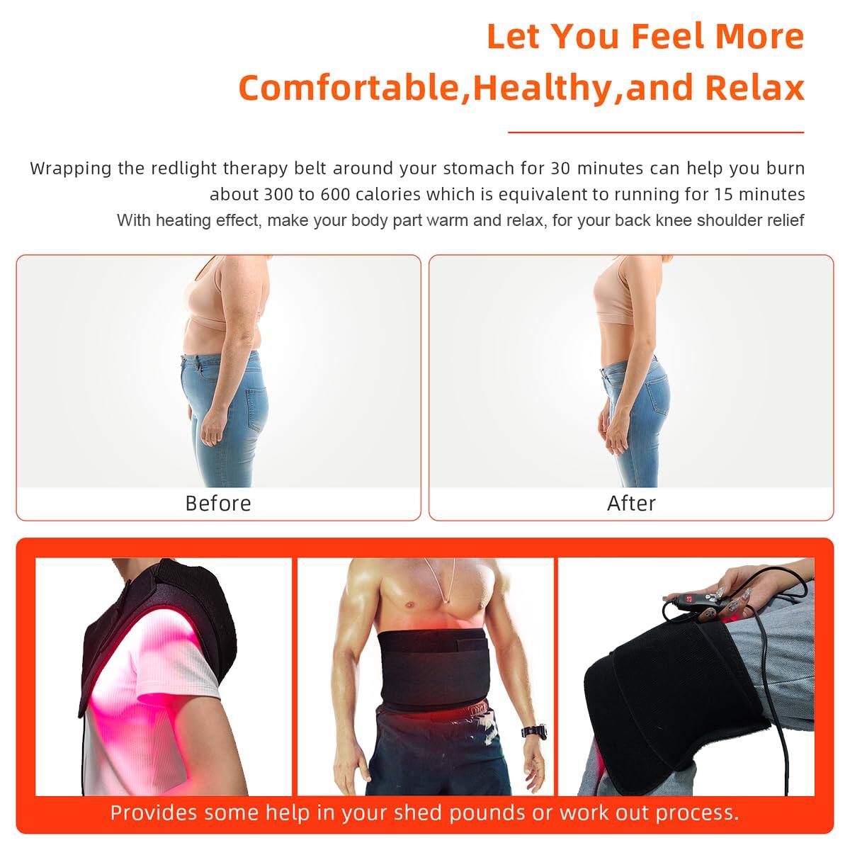 Let You Feel More Comfortable, Healthy, and Relax

Wrapping the redlight therapy belt around your stomach for 30 minutes can help you burn about 300 to 600 calories, which is equivalent to running for 15 minutes. With heating effect, make your body part warm and relax, for your back, knee, and shoulder relief.

Before

After

Provides some help in your shed pounds or work out process.