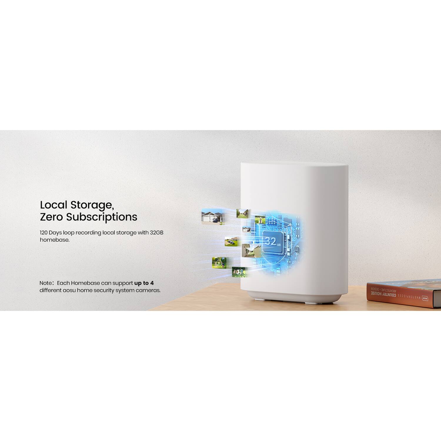 Local Storage, Zero Subscriptions  
120 Days loop recording local storage with 32GB homebase.  

Note: Each Homebase can support up to 4 different asu home security system cameras.