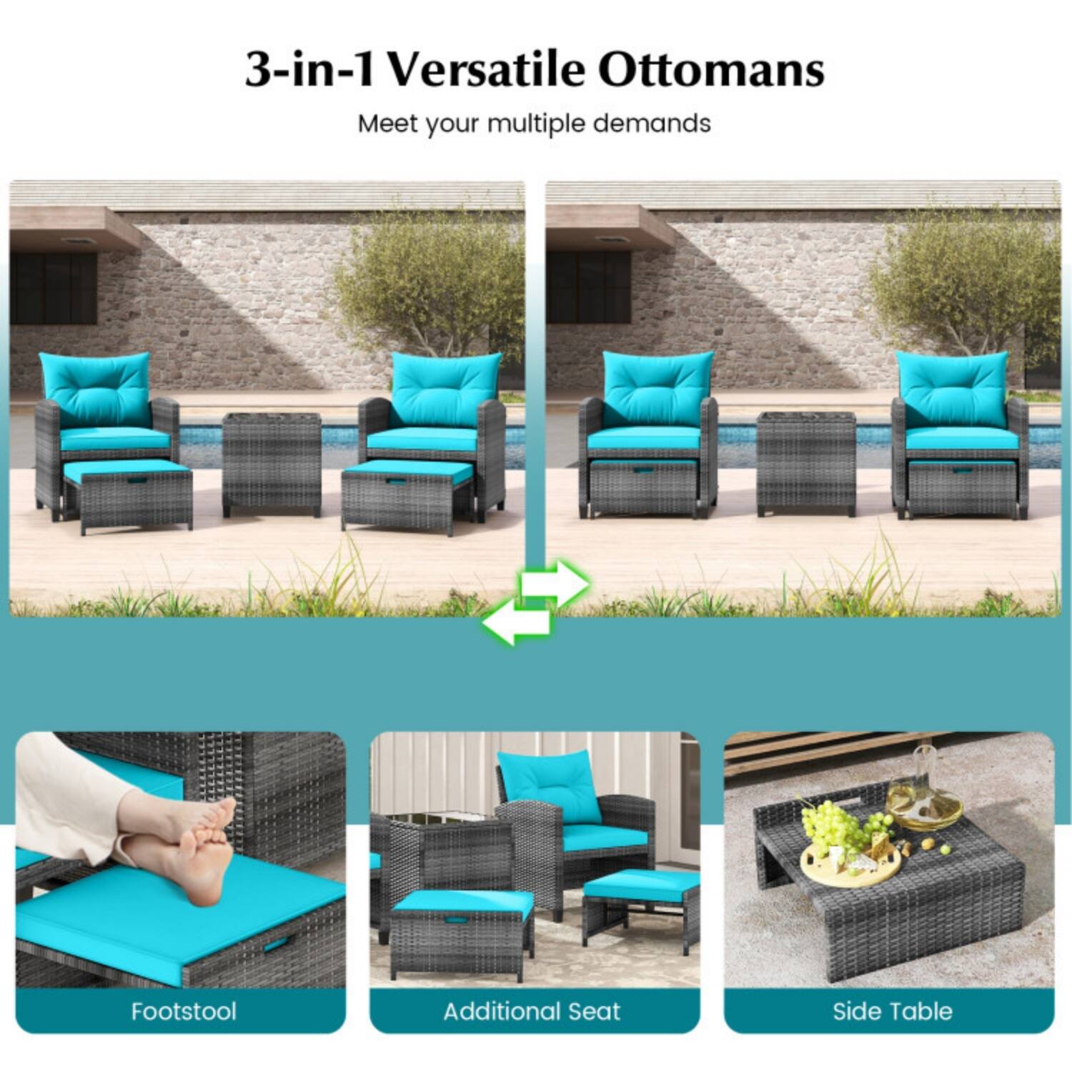 3-in-1 Versatile Ottomans  
Meet your multiple demands  

Footstool  
Additional Seat  
Side Table