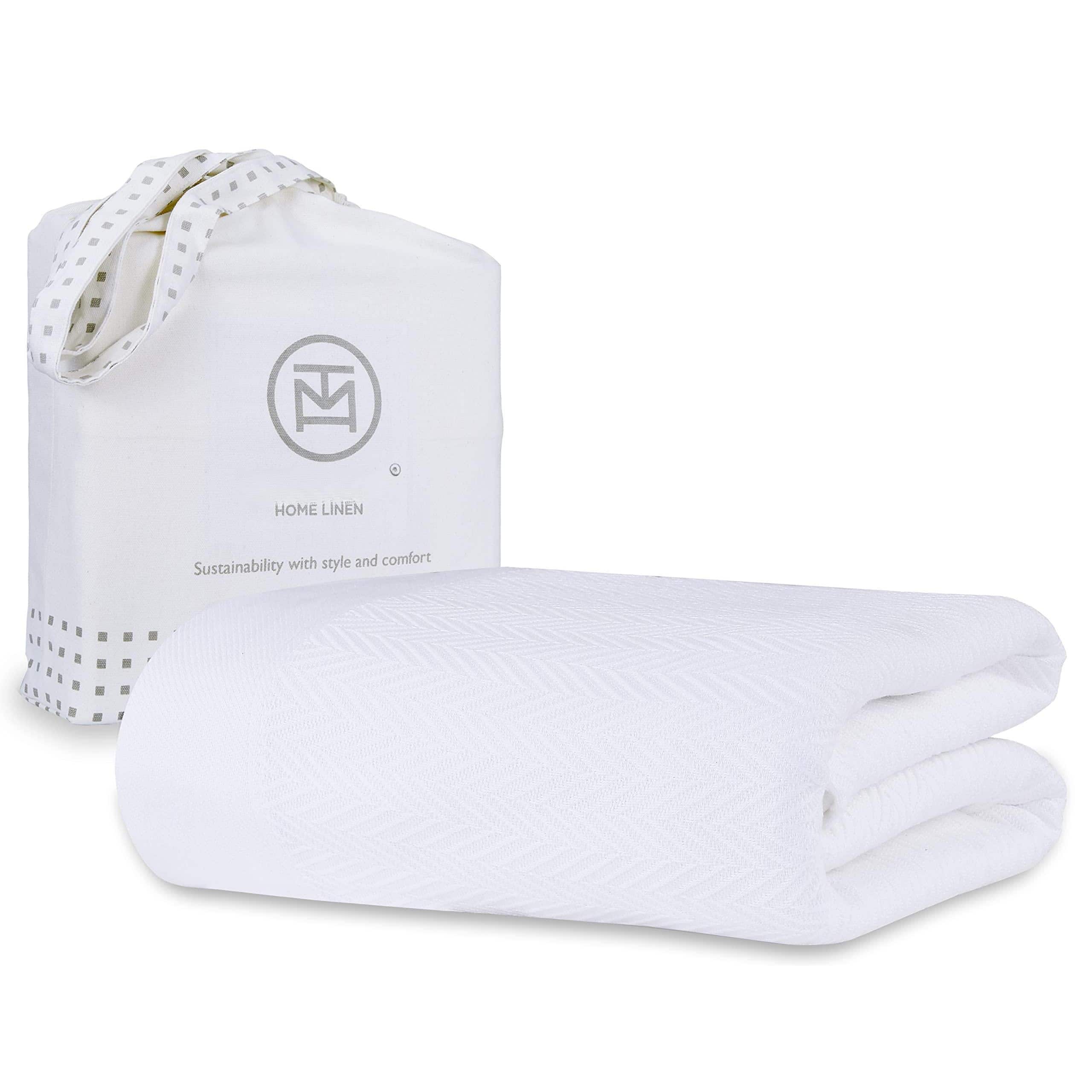 Dapper Styles - Luxury Cotton Blankets For King All season Cozy Blanket Herringbone Soft Fall Thermal Fits California Light - Bright White-Queen (90" x 92")