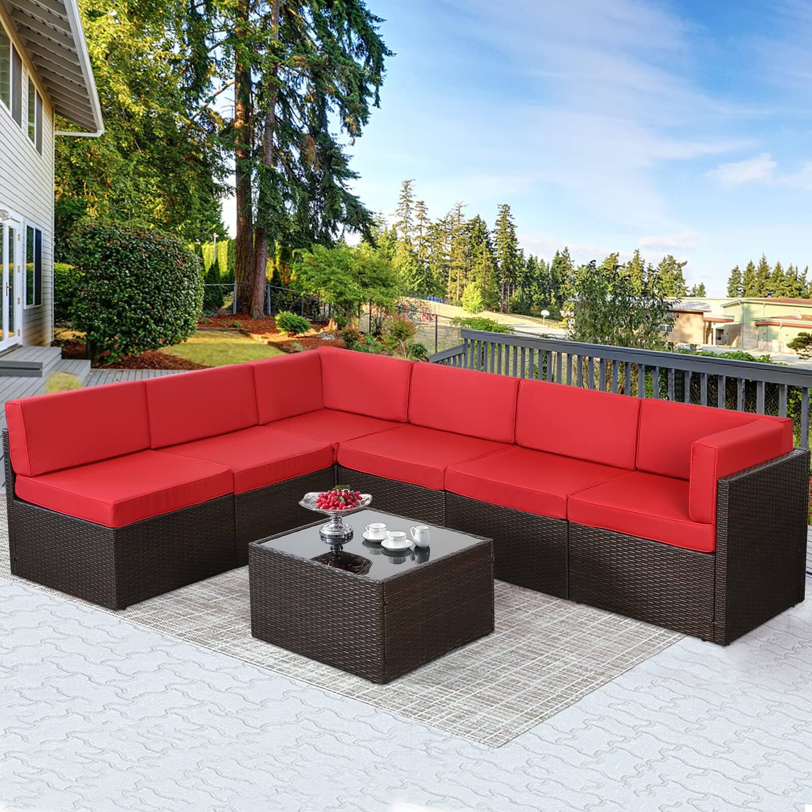 Angle. Mondawe - 7-Piece Rattan Sofa Set with Polyester Cushions - Brown+Red.