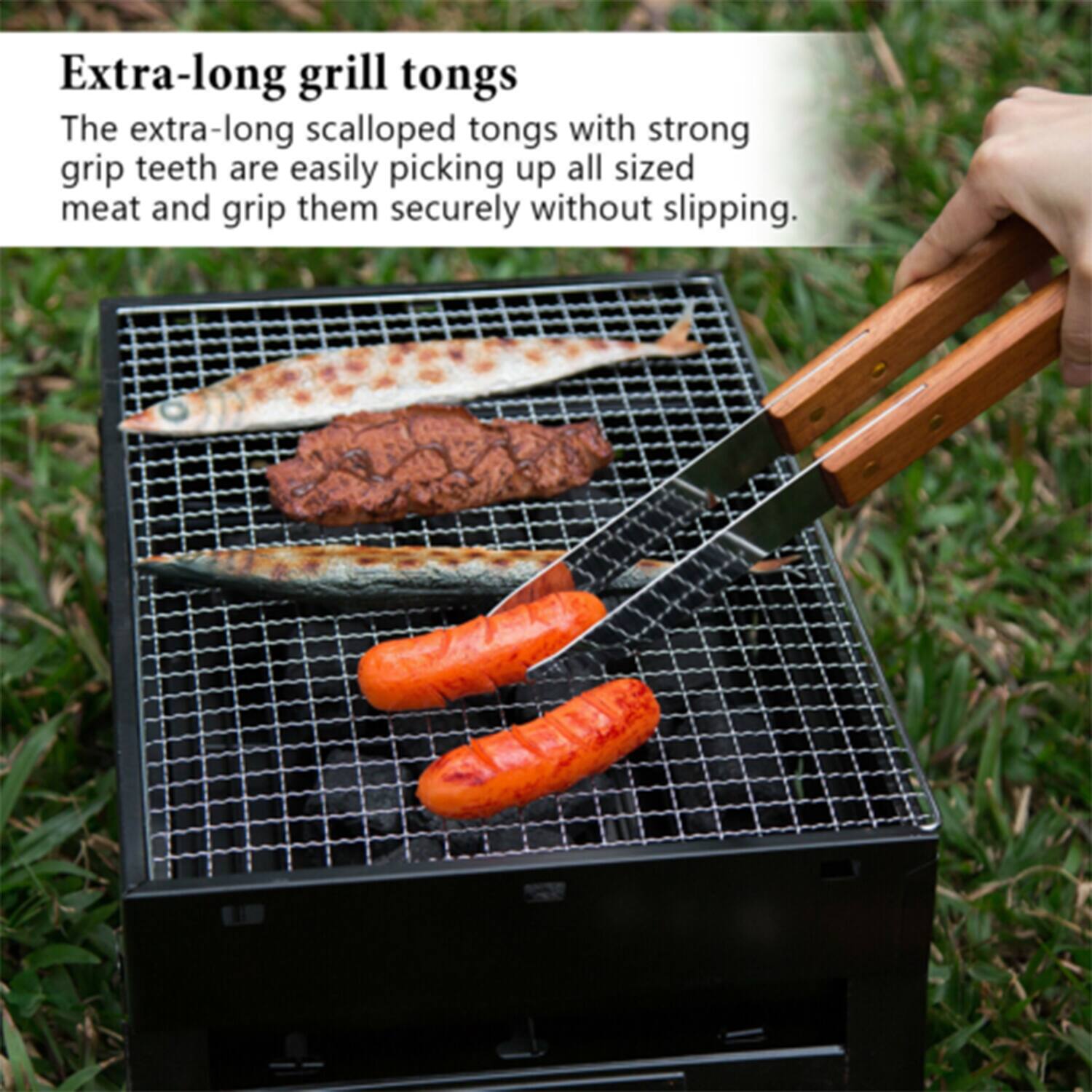 Extra-long grill tongs

The extra-long scalloped tongs with strong grip teeth are easily picking up all sized meat and grip them securely without slipping.