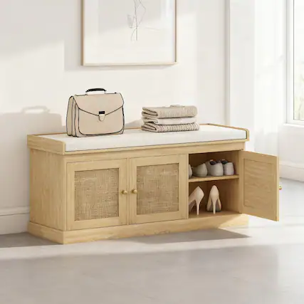 Front. Whisen - Woven Rattan Door Shoe Storage Bench with Comfortable Washable Cushion-Oak - Oak.