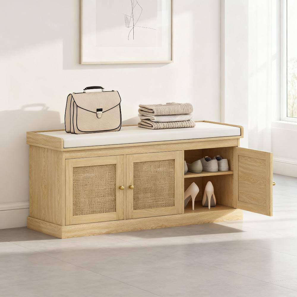 Front. Whisen - Woven Rattan Door Shoe Storage Bench with Comfortable Washable Cushion-Oak - Oak.