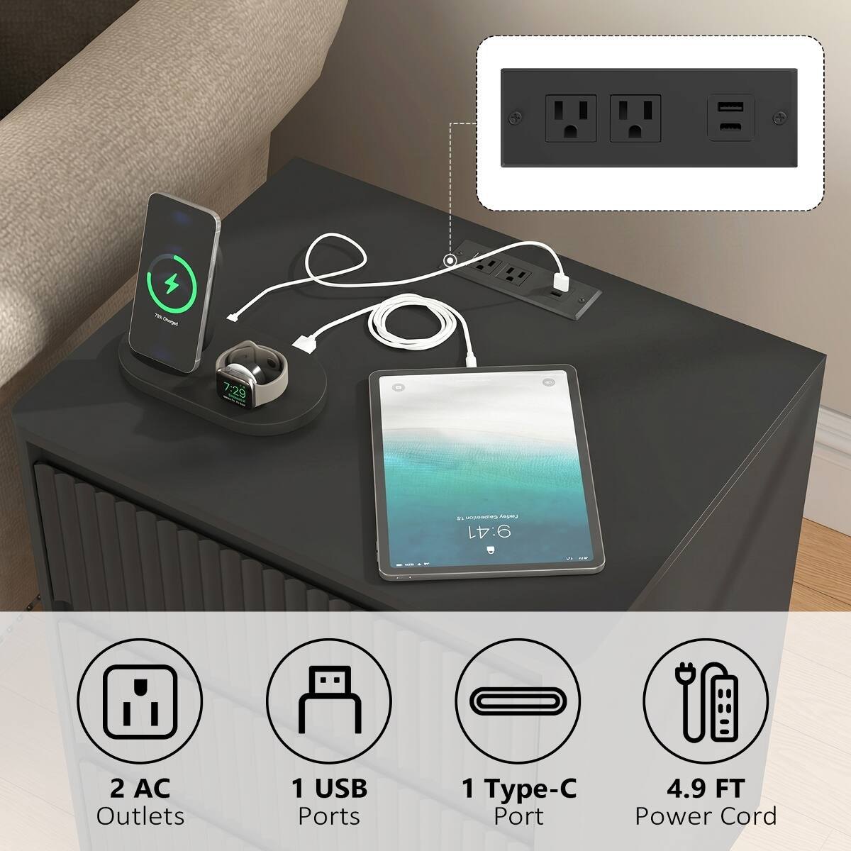 700k Charged  
7:29  
1.5 Capeadon  
9:41  
IV  
2 AC Outlets  
1 USB Ports  
1 Type-C Port  
4.9 FT Power Cord