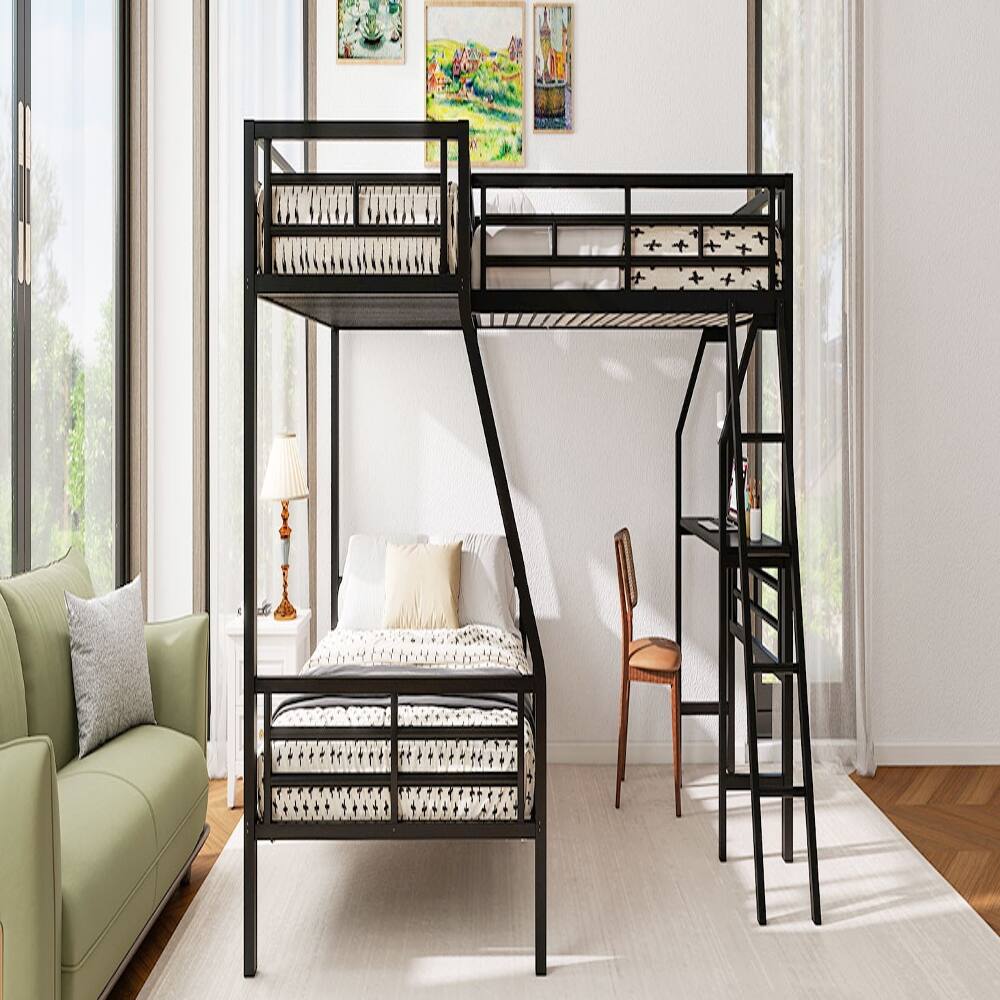 Alt View 2. Loheer - Loheer Twin Over Full Bunk Bed with Desk Black Metal L-Shaped Triple Loft Bed - Black.