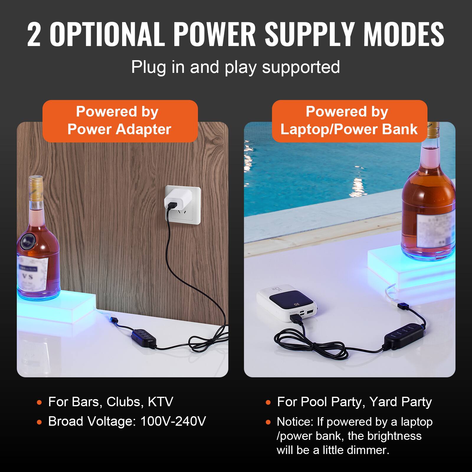 2 OPTIONAL POWER SUPPLY MODES  
Plug in and play supported  

**Powered by Power Adapter**  
- For Bars, Clubs, KTV  
- Broad Voltage: 100V-240V  

**Powered by Laptop/Power Bank**  
- For Pool Party, Yard Party  
- Notice: If powered by a laptop/power bank, the brightness will be a little dimmer.