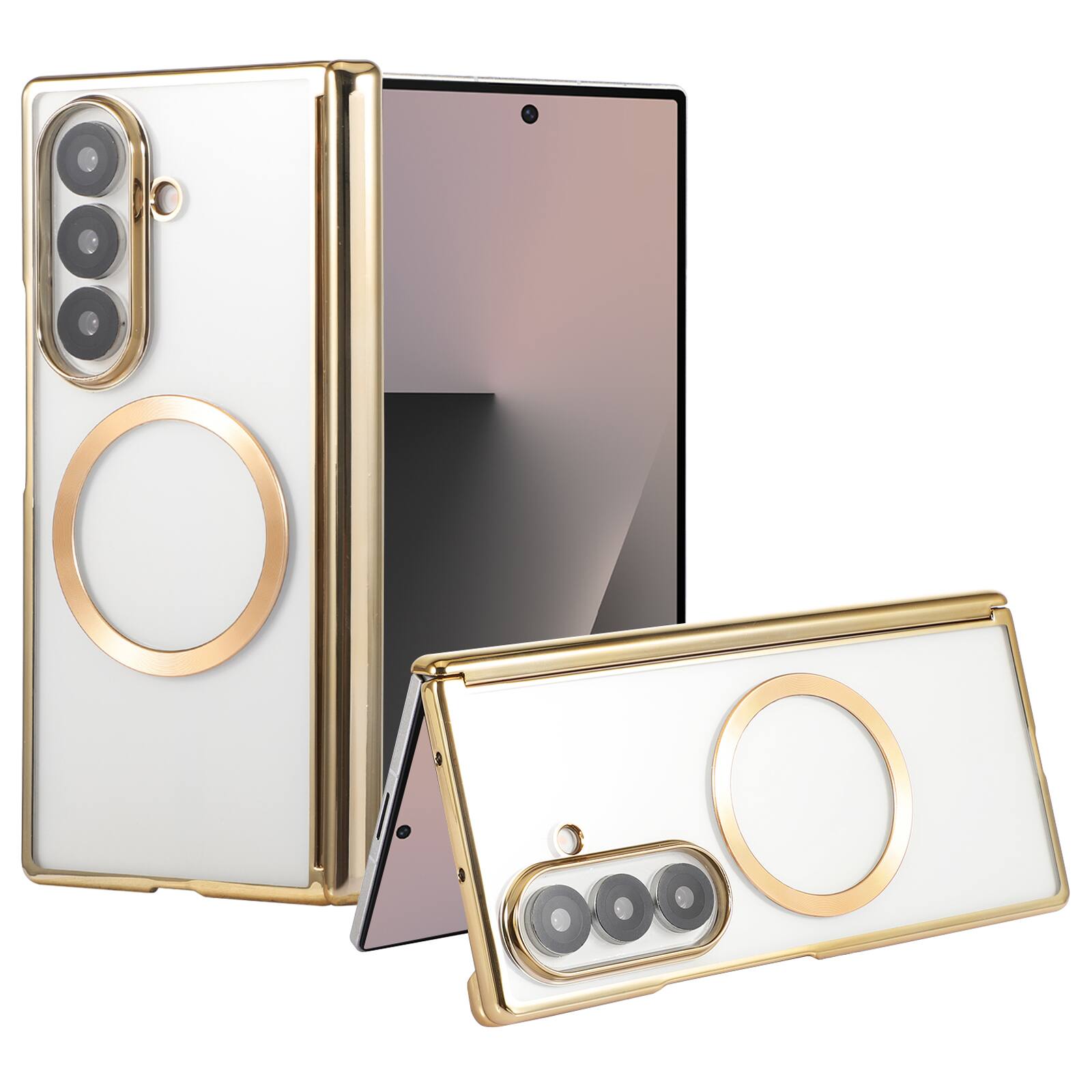 Dteck - Electroplated Clear Case for Samsung Galaxy Z Fold7 with Hinge Guard, Rigid PC Magnetic Cover, Raised Edge Screen Camera - Gold