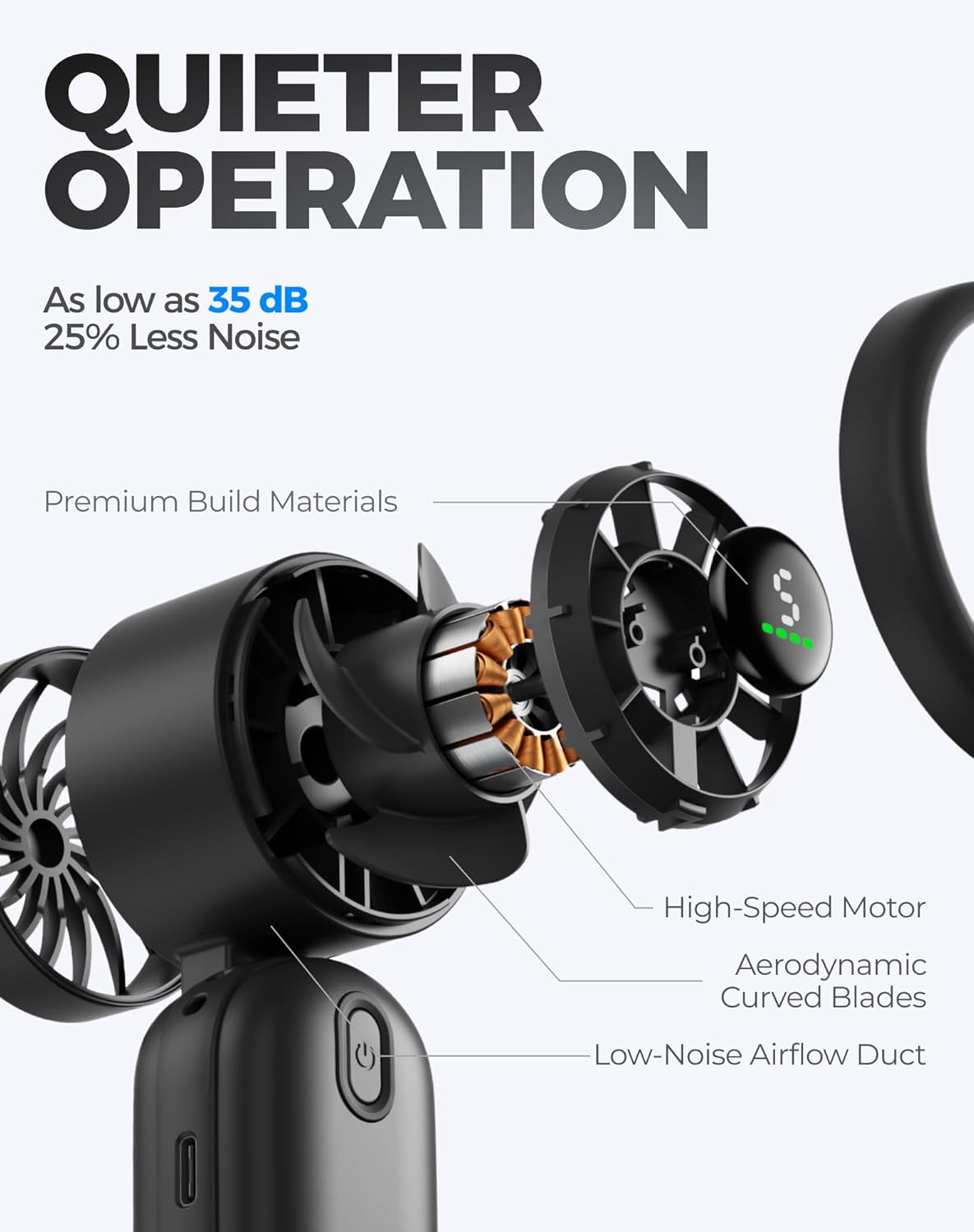 QUIETER OPERATION  
As low as 35 dB  
25% Less Noise  
Premium Build Materials  
High-Speed Motor  
Aerodynamic Curved Blades  
Low-Noise Airflow Duct