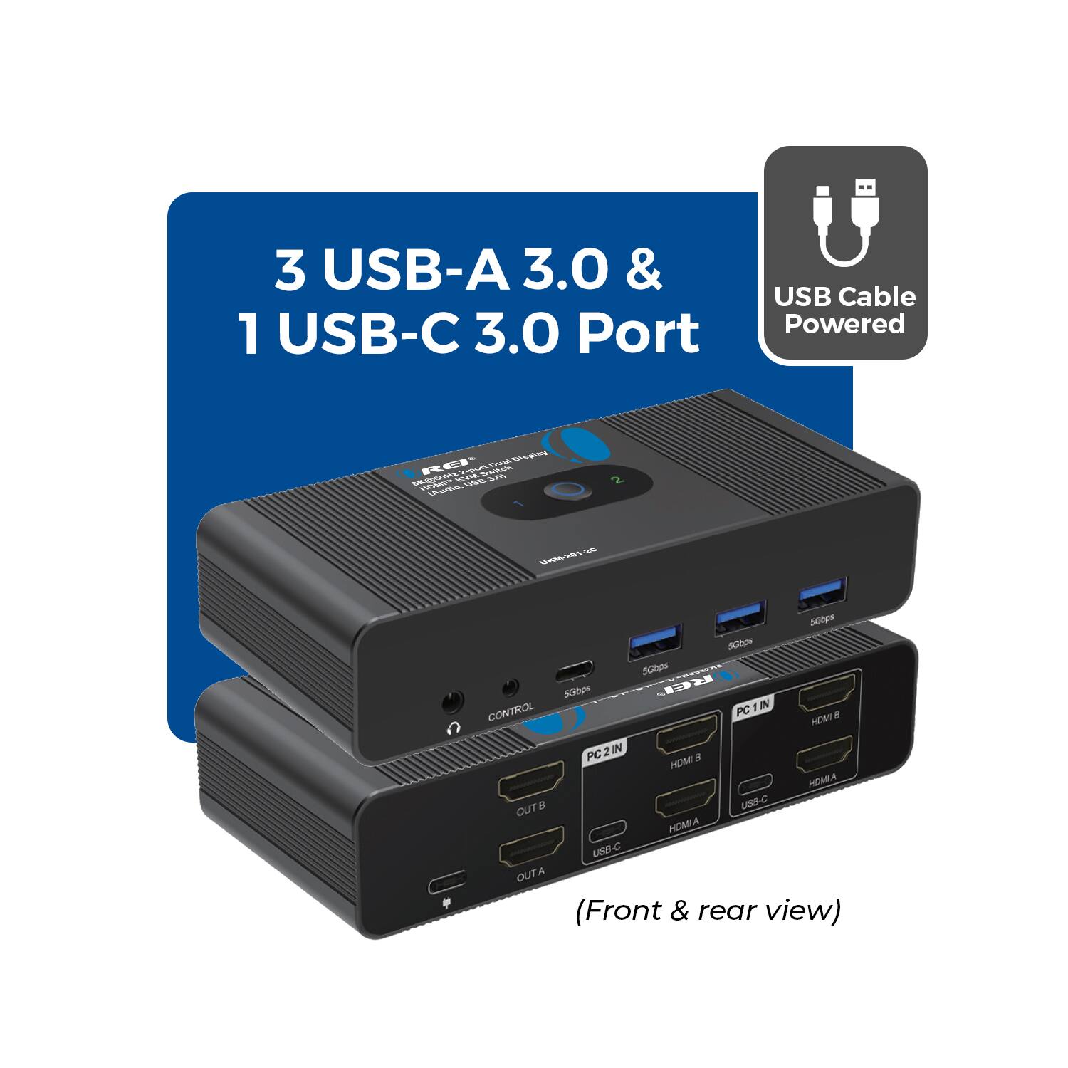 3 USB-A 3.0 & 1 USB-C 3.0 Port USB Cable Powered  
(Front & rear view)