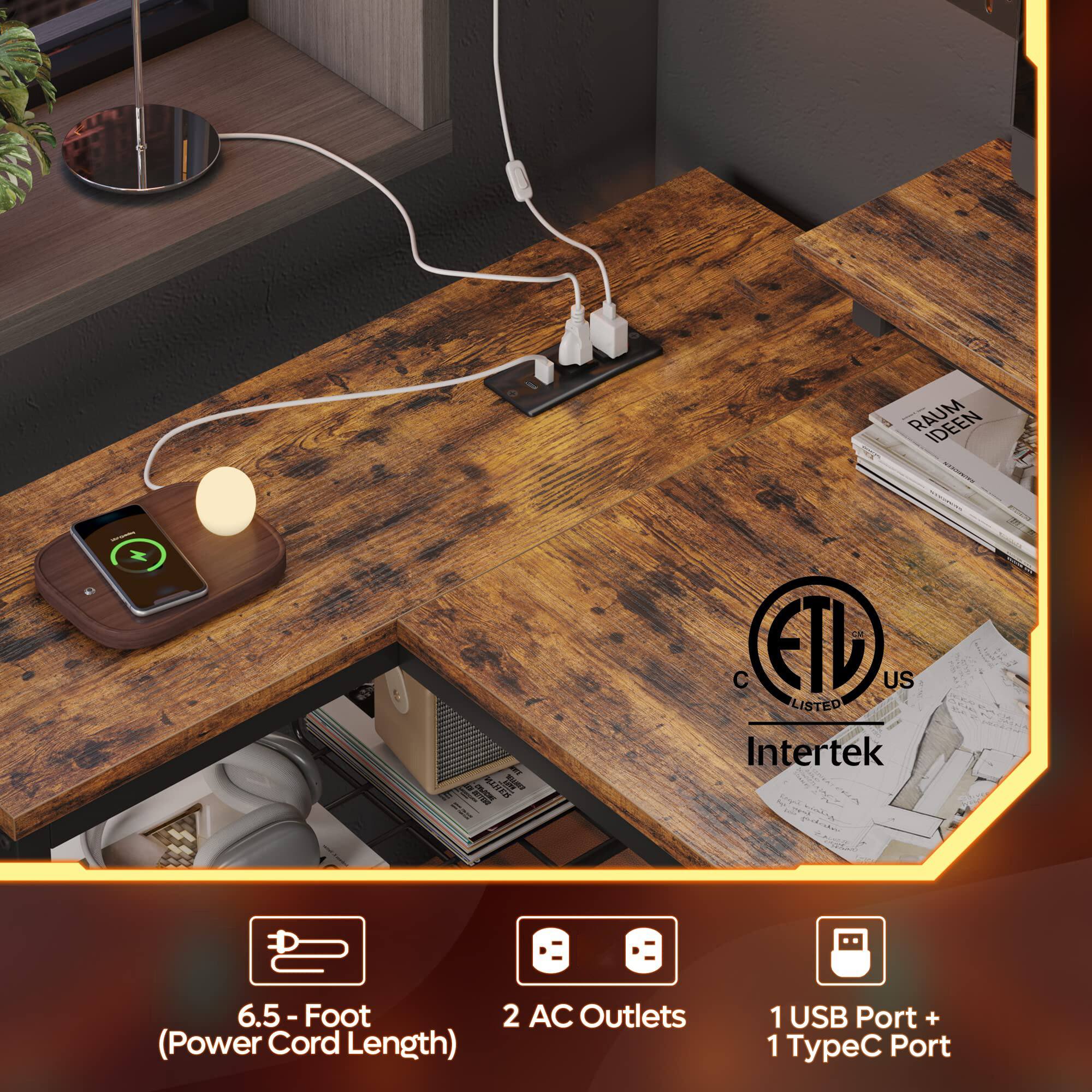 The text on the image reads: "RAUM IDEEN a HEa C ETL US LISTED Intertek 6.5 -Foot - (Power Cord Length) 2 AC Outlets 1 USB Port + 1 ypC Port."