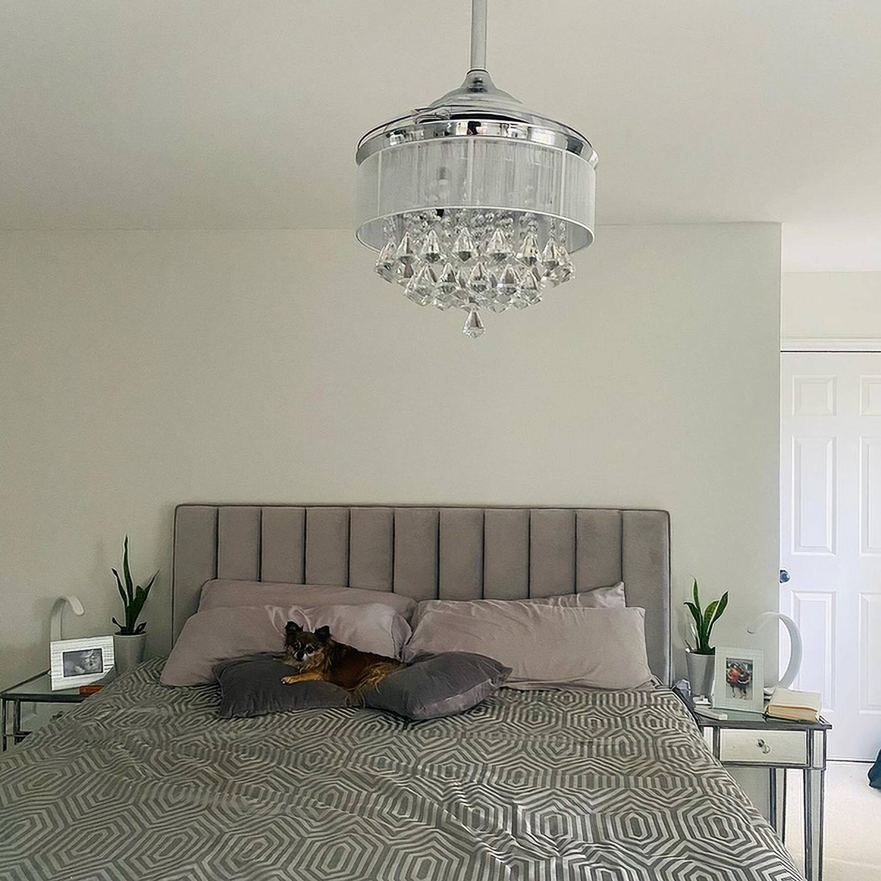 Alt View 2. Parrot Uncle - 36" Chrome Retractable 3-blade Crystal Ceiling Fan Chandelier with Remote - Chrome.