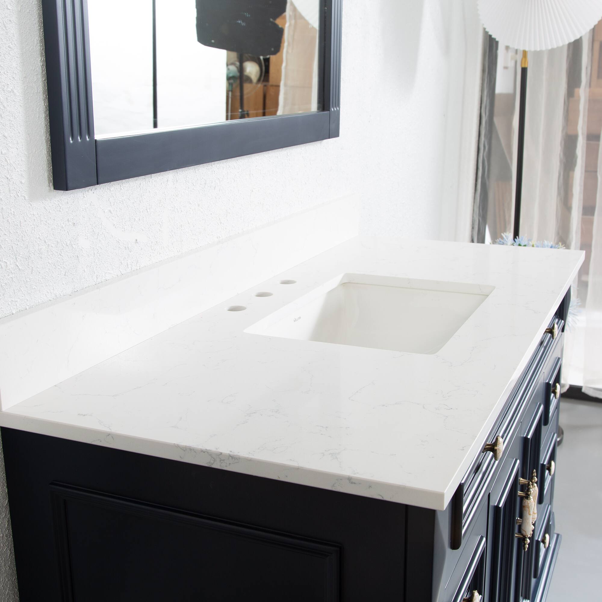 Back. WELLFOR - ARTWOOD 48 in. Solid Wood Bath Vanity with Quartz Top, Single Sink, Soft Close, Assembled - Navy Blue.