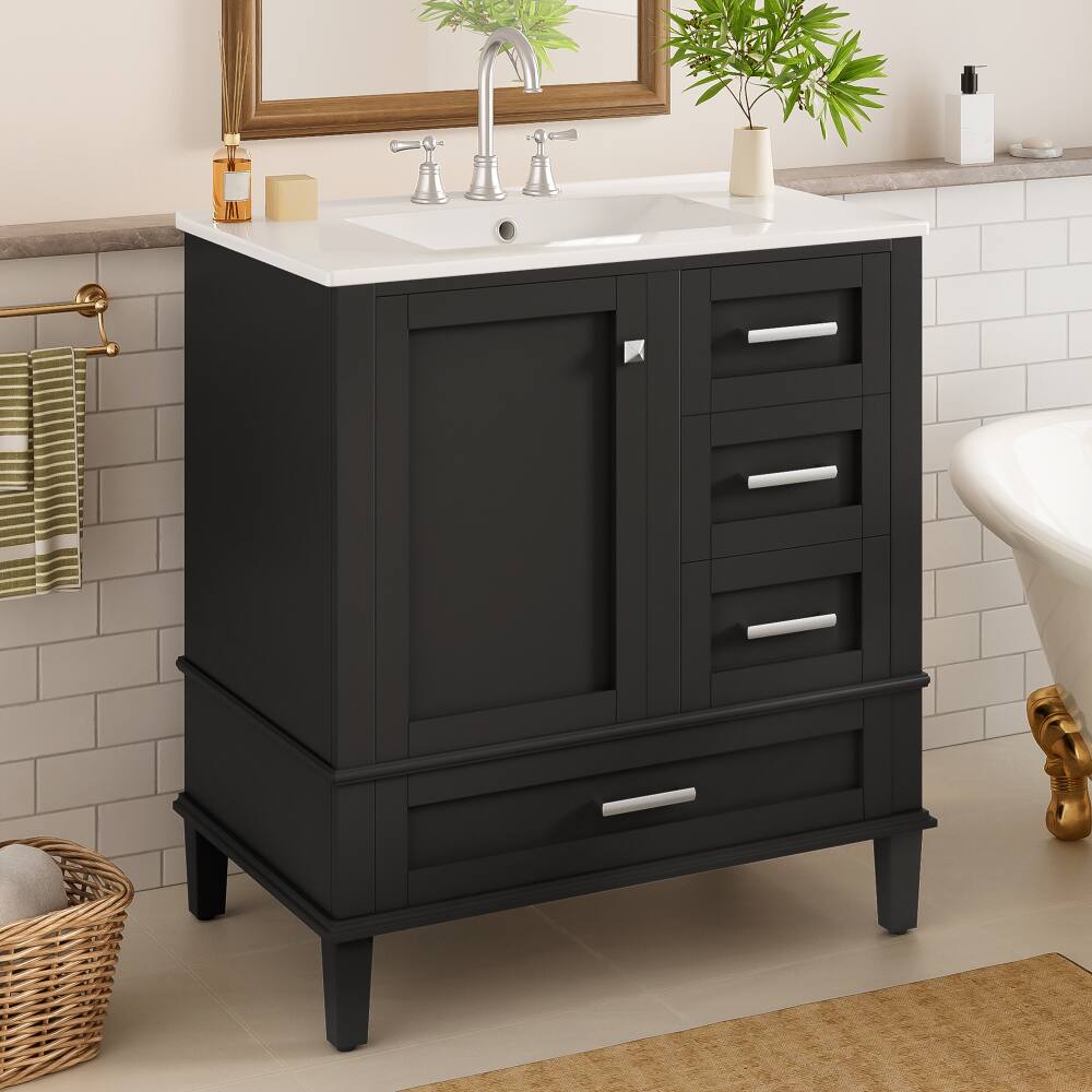 Left. JUJABU - Black 30" Bathroom Vanity Cabinet with Ceramic Sink Combo Set - Black.