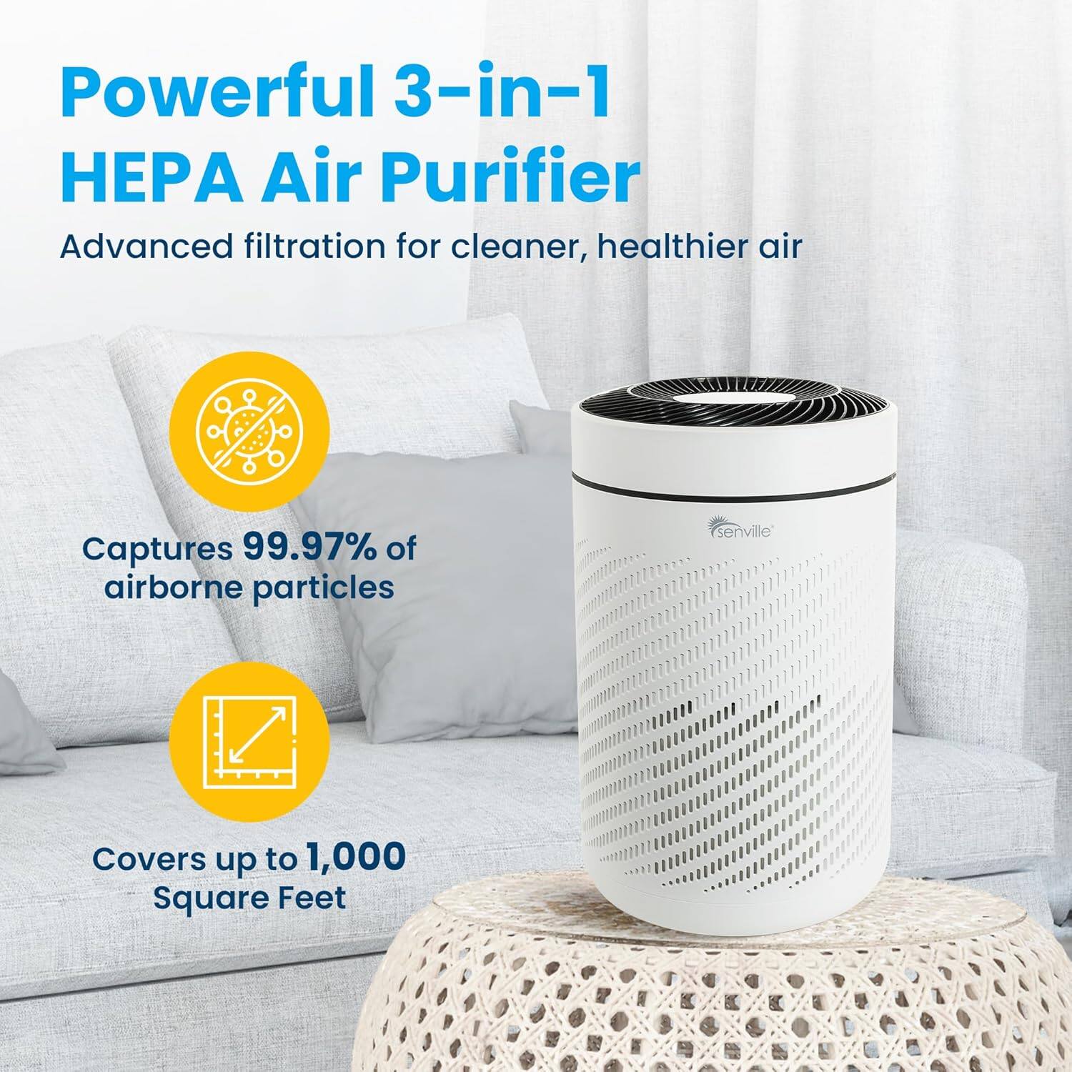 Powerful 3-in-1 HPA Air Purifier  
Advanced filtration for cleaner, healthier air  
Captures 99.97% of airborne particles  
Covers up to 1,000 Square Feet