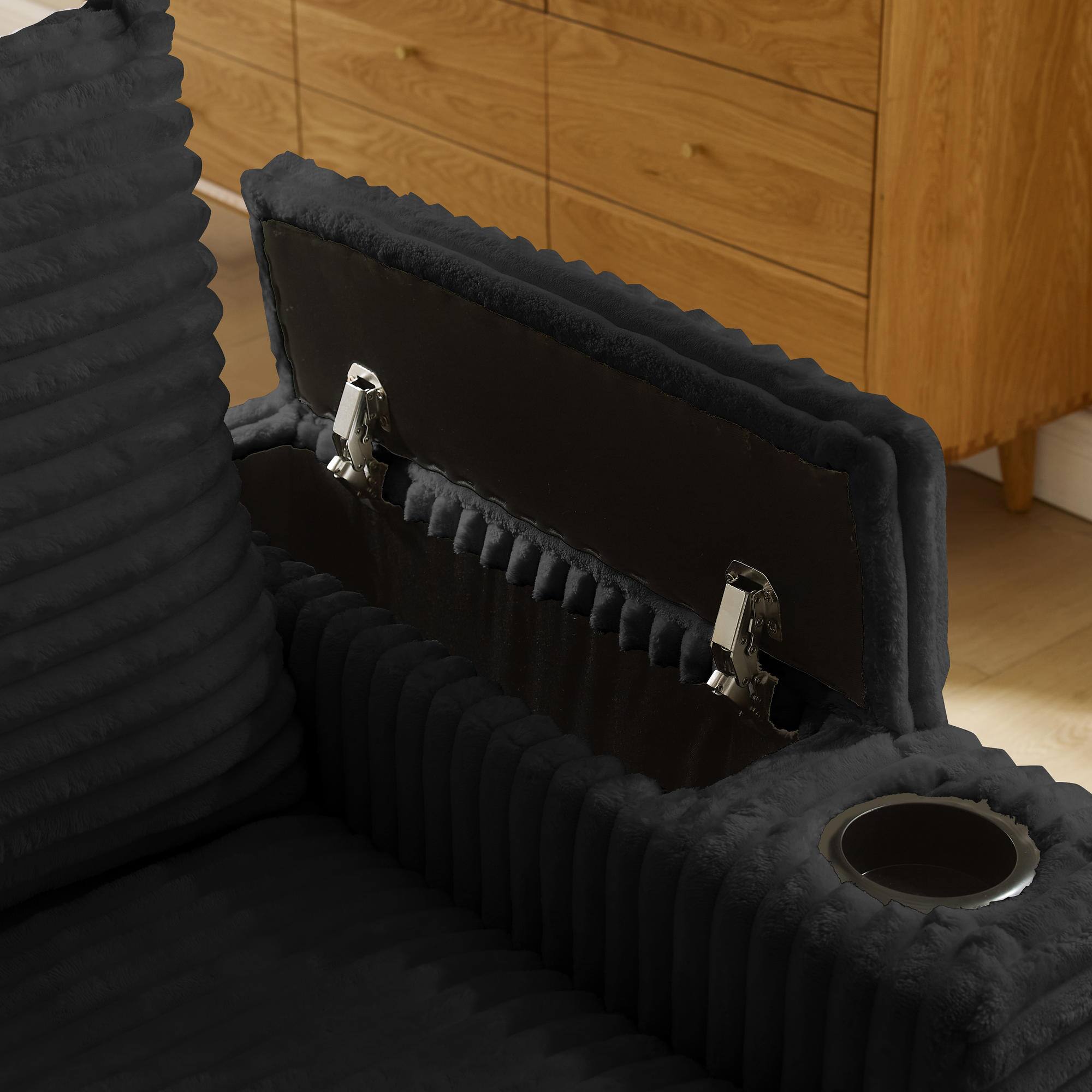 Alt View 8. Meqiodas - Corduroy L-Shaped Sectional Sofa with Ottoman, Comfy Cloud Couch with Charger, Cup Holders & Armrest Storage - Black(3+1).