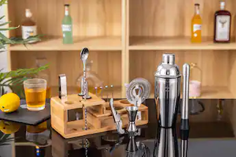 Touch of Mixology Cocktail Shaker Set 14 Piece Stainless Steel Bartender Kit with Bamboo Stand Gift Ready Bar Accessories Silver