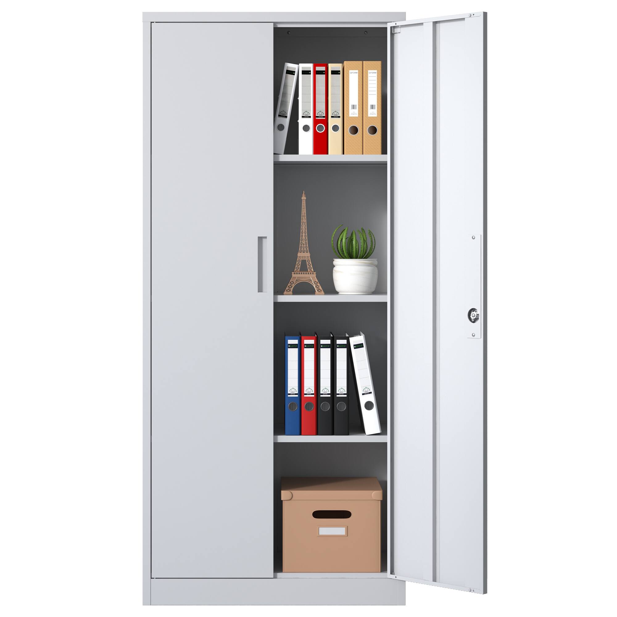 Alt View 2. COWLOWN - 71in H White Metal Garage Storage Cabinet Lockable Doors 3 Adjustable Shelves For Office Home Classroom Pantry.