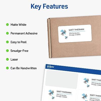 Key Features

- Matte White
- Permanent Adhesive
- Easy to Peel
- Smudge-Free
- Laser
- Can Be Handwritten

MATT THIESMAN  
2114 Corvey Ave  
Chicago, IL 60603

MATT THIESMAN  
2114 Corvey Ave  
Chicago, IL 60603

MATT THIESMAN  
2114 Corvey Ave  
Chicago, IL 60603