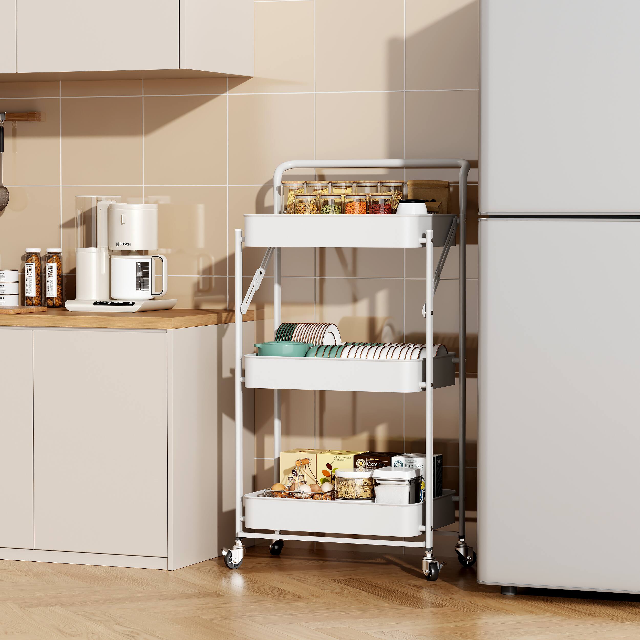 Angle. Malletson - 3-Tier Foldable Rolling Cart, Storage Rack with Handle Multi-Purpose and Locking Wheels for Office, Kitchen, Bathroom - White.