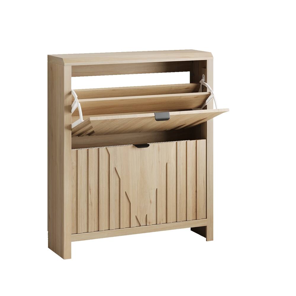 Alt View 8. Loheer - Loheer 31.5 inch oak entryway shoe cabinet with vertical carved panels - Oak.
