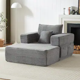 Ropilly - Modular Single Seater Sofa Grey Corduroy Lounge Chair with Reclining Back, Storage Armrests and Pillow - Gray