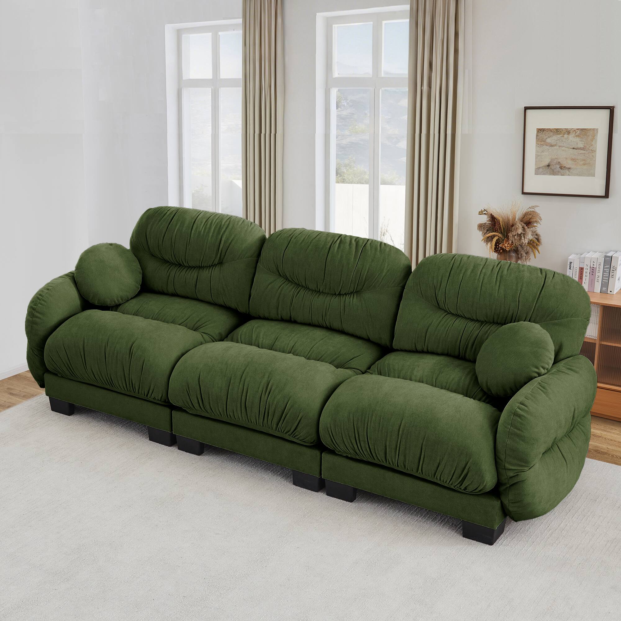 Angle. Anysun - 3 Seater Modular Sofa with Chenille Fabric, High-Density Foam & Curved Armrests, Pleated Design for Living Room - Green.
