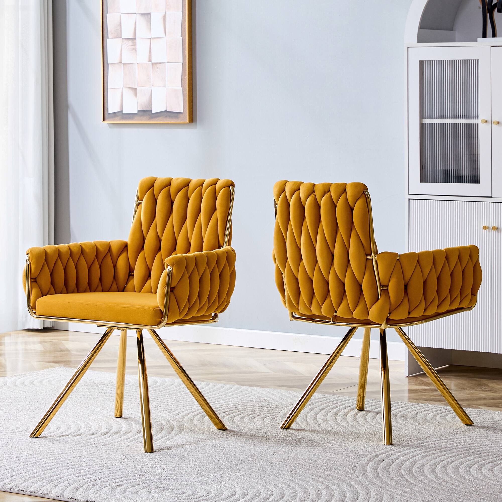 Left. Anysun - Set of 2 Velvet Braided Dining Chairs with Gold Metal Legs, Modern Luxury Accent Armchair with Woven Rope Backrest - Gold,Yellow.