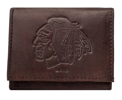 Front. Rico Industries - Chicago Blackhawks NHL Distressed Look Embossed Logo Dark Brown Leather Trifold Wallet - Multi.