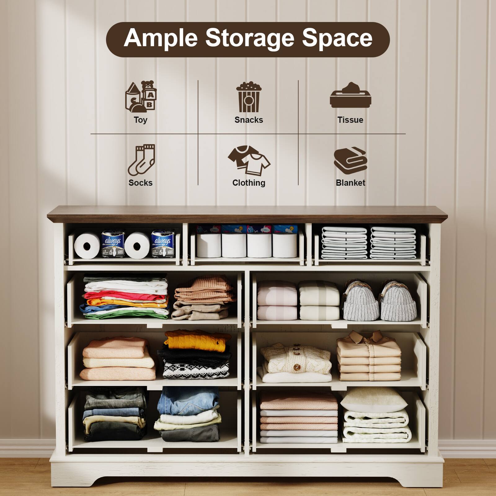 Ample Storage Space

- Toy
- Snacks
- Tissue
- Socks
- Clothing
- Blanket