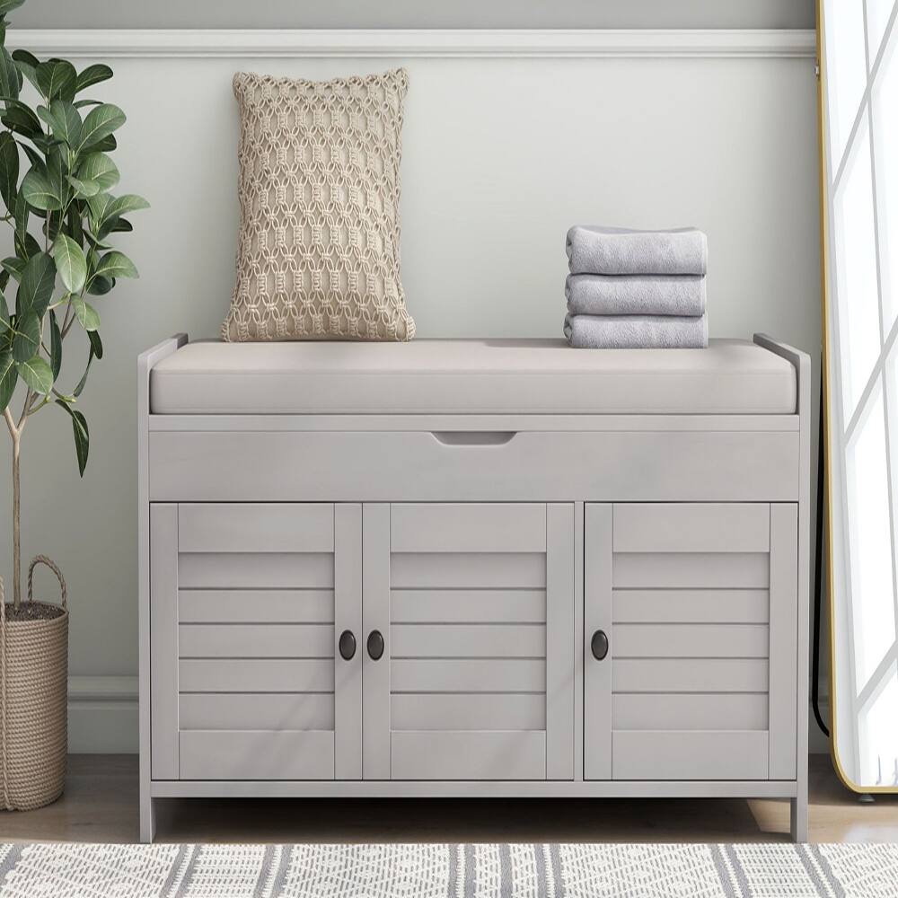 Left. Ropilly - Ropilly Gray Wash Storage Bench with Shutter Doors Removable Cushion and Hidden Storage Entryway Shoe Bench - Gray Wash.