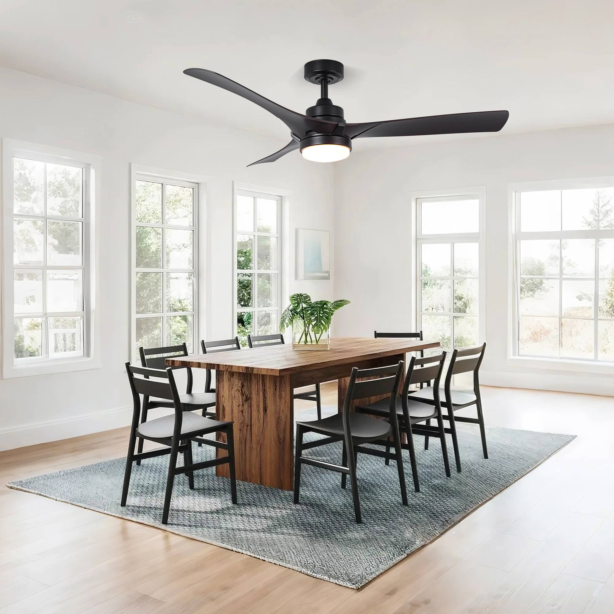 Left. Parrot Uncle - 52" Modern Black Dimming LED Ceiling Fan with Light and Remote - Black.