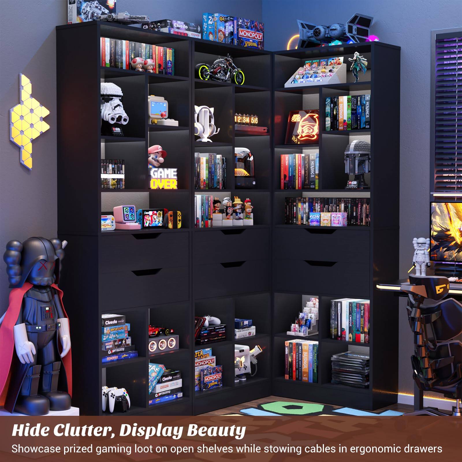 Cluedo 2 MONOPOLY J 213 516 |  > UUPURE GAME OVER C - MOA Cloede  - A - AR Cledo - TIA Fod MORCPOLY MONOPOLY BAISINGA

Hide Clutter, Display Beauty
Showcase prized gaming loot on open shelves while stowing cables in ergonomic drawers