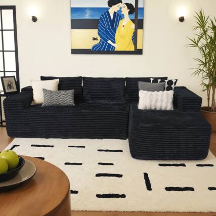 Front. Ovios - 104" Modular Sectional Sofa with Chaise, Modern L Shaped Couch for Living Room - Black(Plush Corduroy, Right Facing).