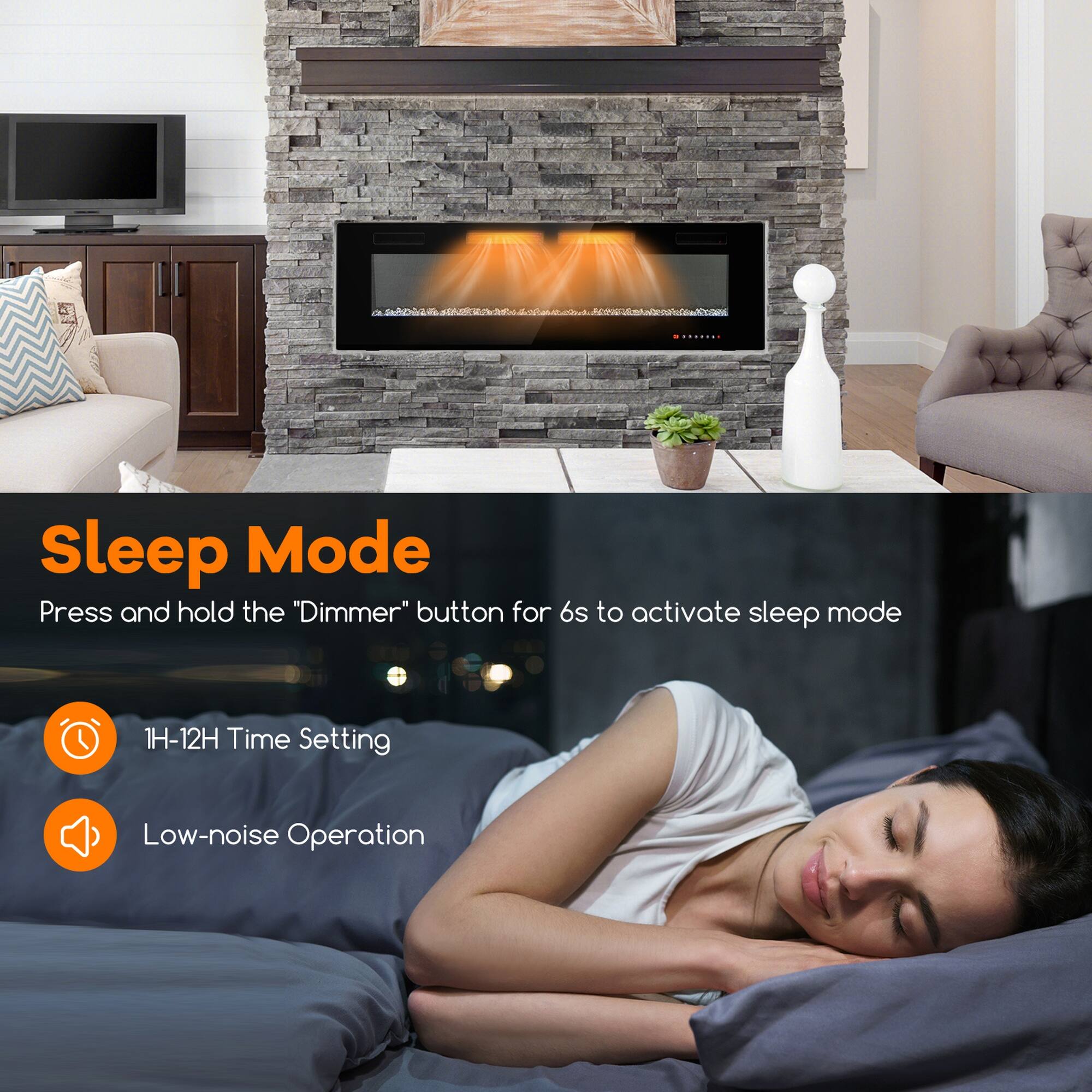 Sleep Mode  
Press and hold the "Dimmer" button for 6s to activate sleep mode

1H-12H Time Setting  
Low-noise Operation