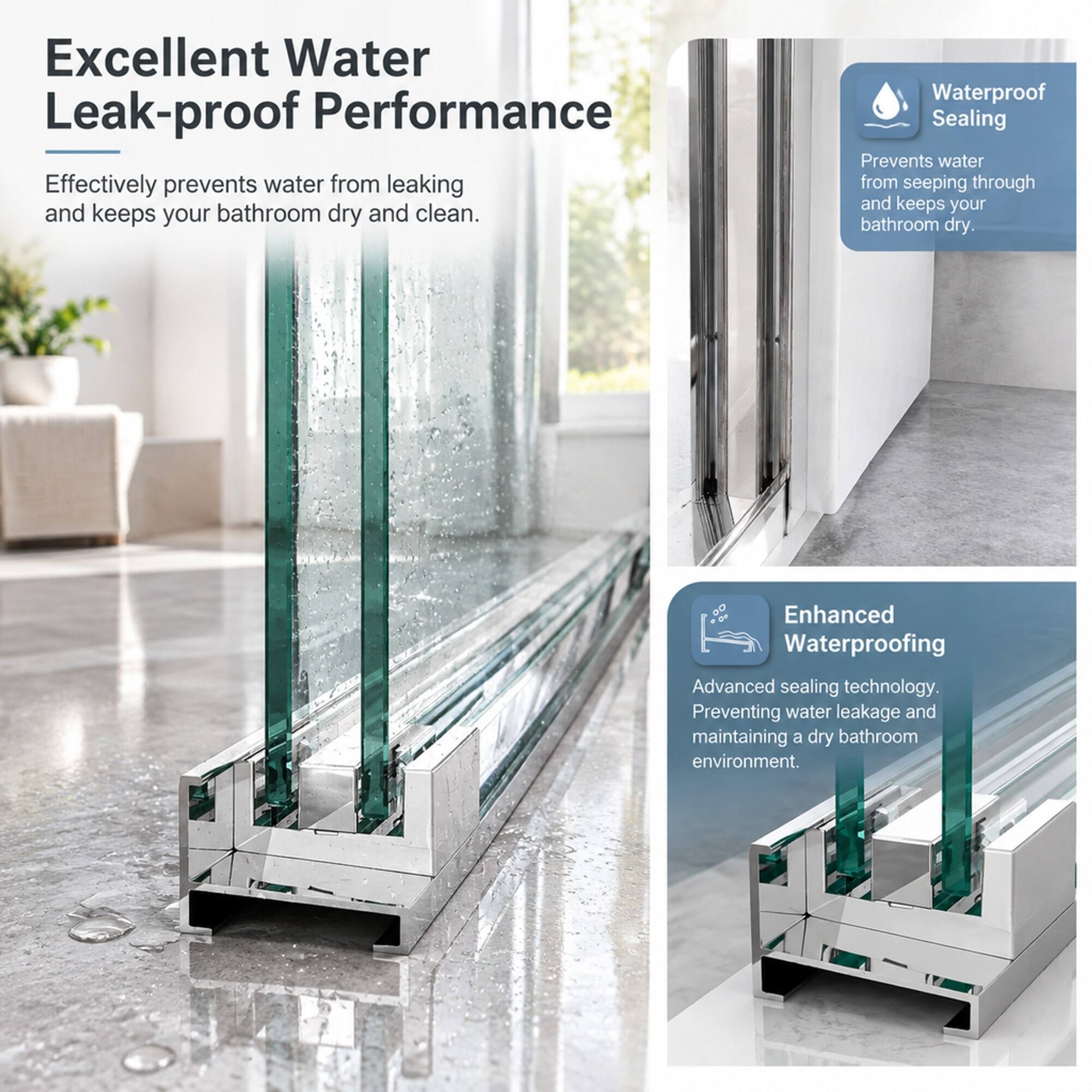Excellent Water Leak-proof Performance  
Effectively prevents water from leaking and keeps your bathroom dry and clean.

Waterproof Sealing  
Prevents water from seeping through and keeps your bathroom dry.

Enhanced Waterproofing  
Advanced sealing technology. Preventing water leakage and maintaining a dry bathroom environment.