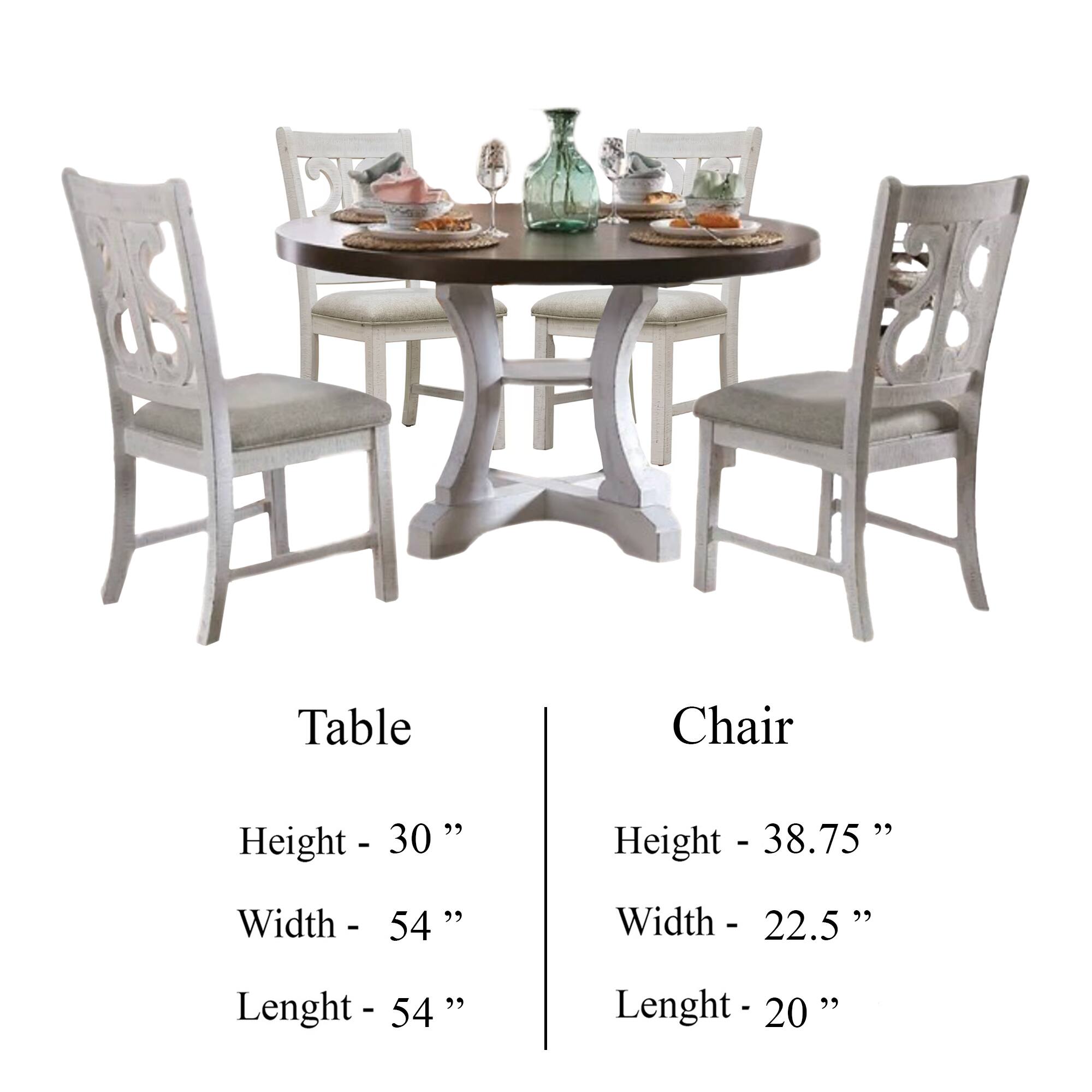 Table  
Height - 30 "  
Width - 54 "  
Lenght - 54 "  

Chair  
Height - 38.75 "  
Width - 22.5 "  
Lenght - 20 "