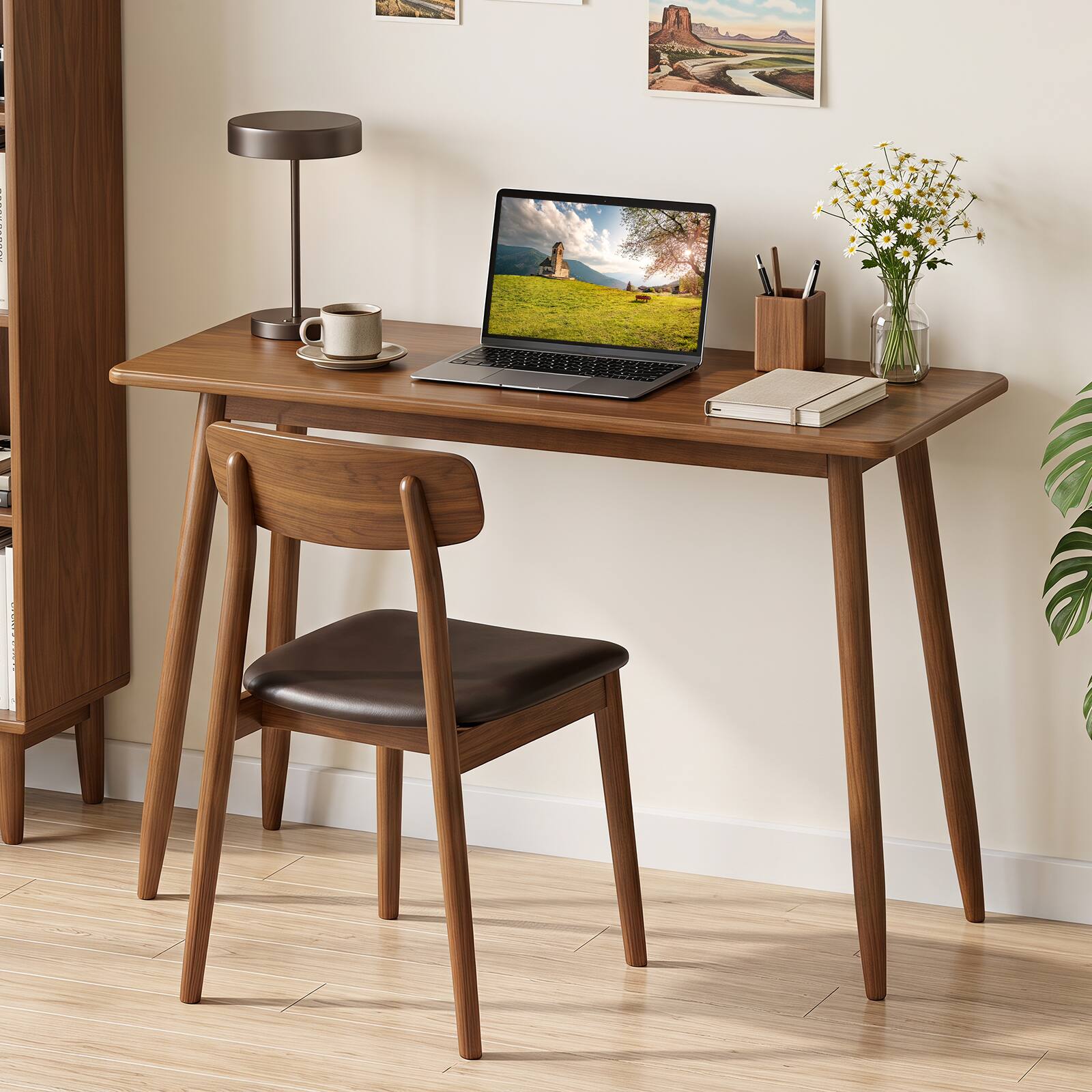 Alt View 1. Costway - Costway Computer Desk with Rubber Wood Legs, Spacious Tabletop for Home Office & Study - Walnut.