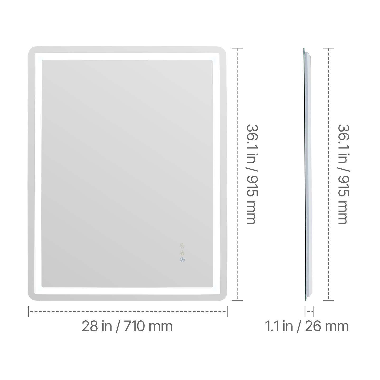 36.1 in / 915 mm  
28 in / 710 mm  
1.1 in / 26 mm
