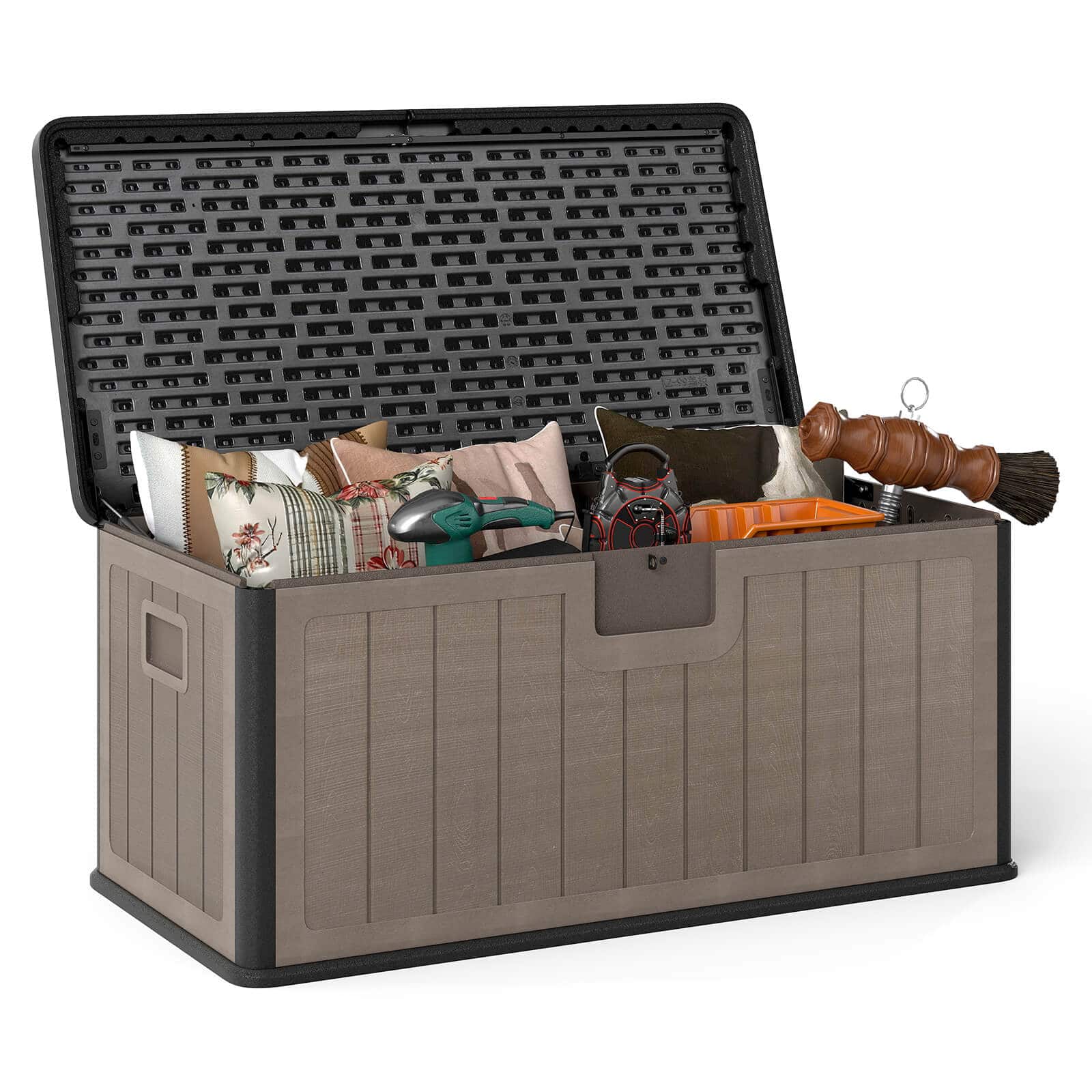 Front. Costway - Costway Storage Box with Lockable Design & Gas Strut Handle 2 Person Bench Garden Organizer - Brown+Black.
