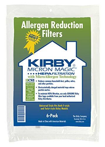 Allergen Reduction Filters

BEST KIRBY R MICRON MAGIC® HEPA FILTRATION with MicroAllergen Technology

- Reduces common household dust, pollen, mites, and other particles.
- Electrostatically charged material traps micron particle matter.
- To maintain HEPA filtration, use only GENUINE Kirby filter bags available from your local authorized Kirby Distributor.

Universal Style Fits Both F-style and Twist-style Kirby Models

6-Pack

Made in China with American Materials

The Kirby Company
Cendond OR, USA
www.kirby.com